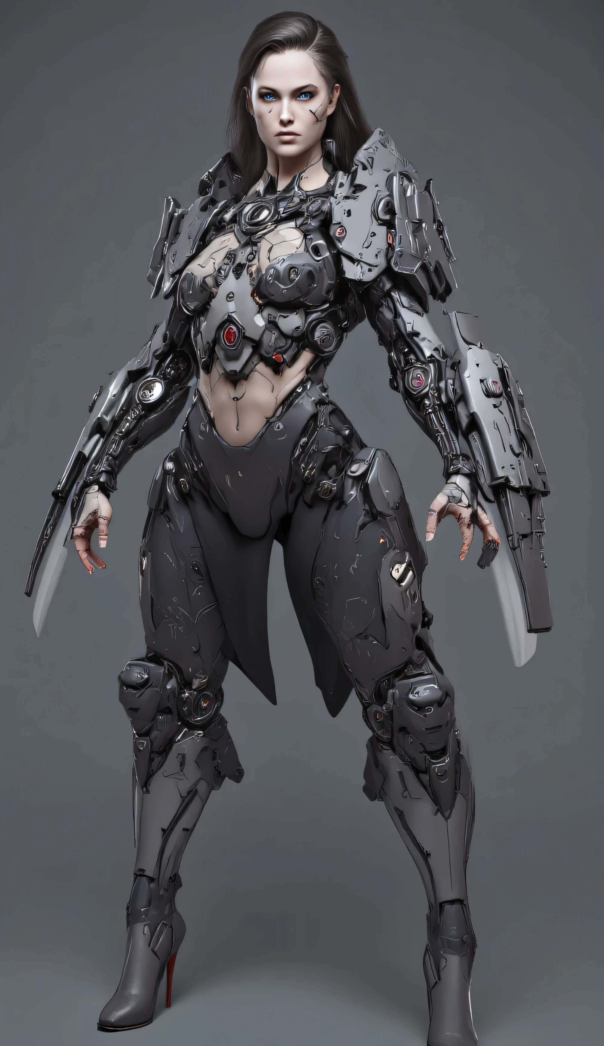 a woman with a height of 180 cm, synthetic skin, beautiful face, blue eyes, scars around the eyes, body with titanium plates visible on the shoulders and ribs, with tattooed circuit patterns, hands holding weapons, bionic legs equipped with jet features, wearing high heels, with a very detailed face