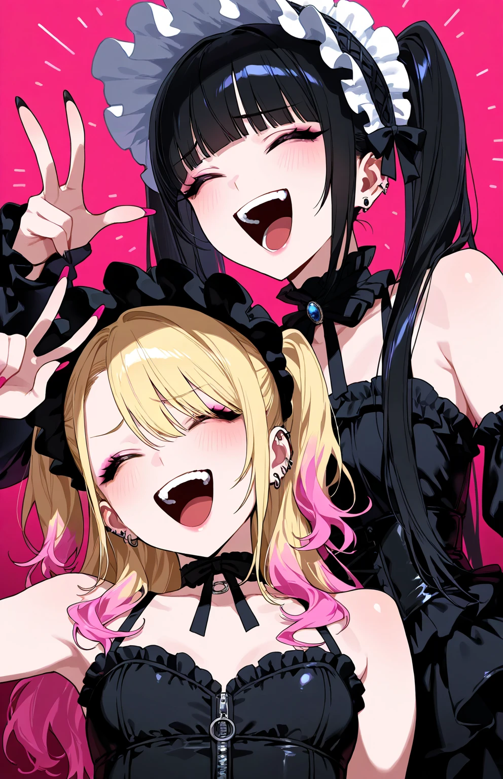 cure flora, 1 girl, blonde hair, black hair ornament, (gothic lolita:1.3), black long skirt, black tiara, wrist cuffs, black gloves, (black gothic dress:1.3), low bat wings, black fur, ribbon, blush cheeks, black enamel boots, corruption, half-closed eyes, Jewelry, no pupils, (evil smile), (shiny fabric:1.5), open mouth, dark magical girl