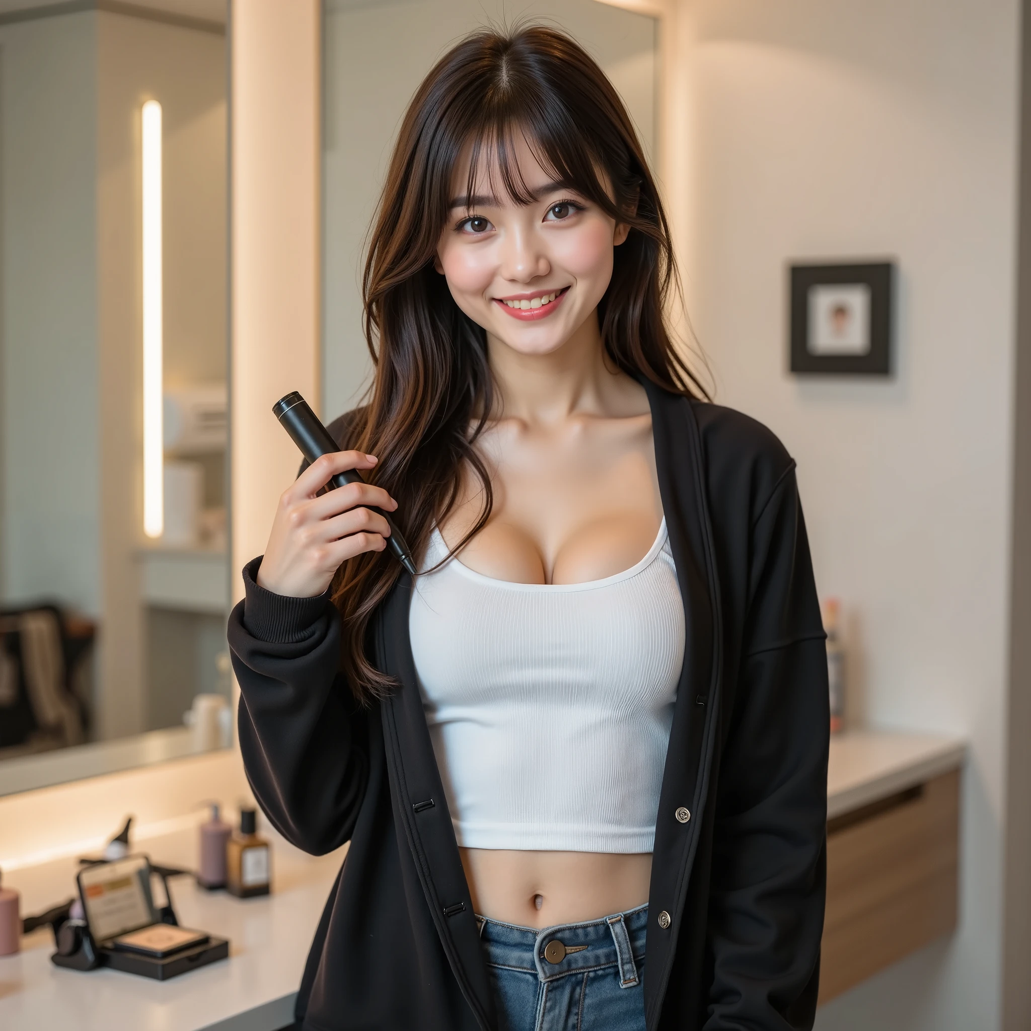 『 one Japanese girl :1.3』『 Real Photos:1.3』 top quality:1.2、(( big breasts))、 I can see a little cleavage、((young 20 year old woman ))、『 smiling showing teeth :1.9』、((( anatomically correct、 perfect anatomy、 anatomically correct指)))、 Slender Body, by Nomi,  top quality,  super high resolution,  RAW Photo, (Curvy body)、 full-bodied , with an idol-like appearance and smile , orbital space, black sweatshirt with dowels on a white tank top, makeup is applied in the sink ,Cosmetics with color 々 are placed in the sink ,I'm holding a curling iron and wrapping my hair 