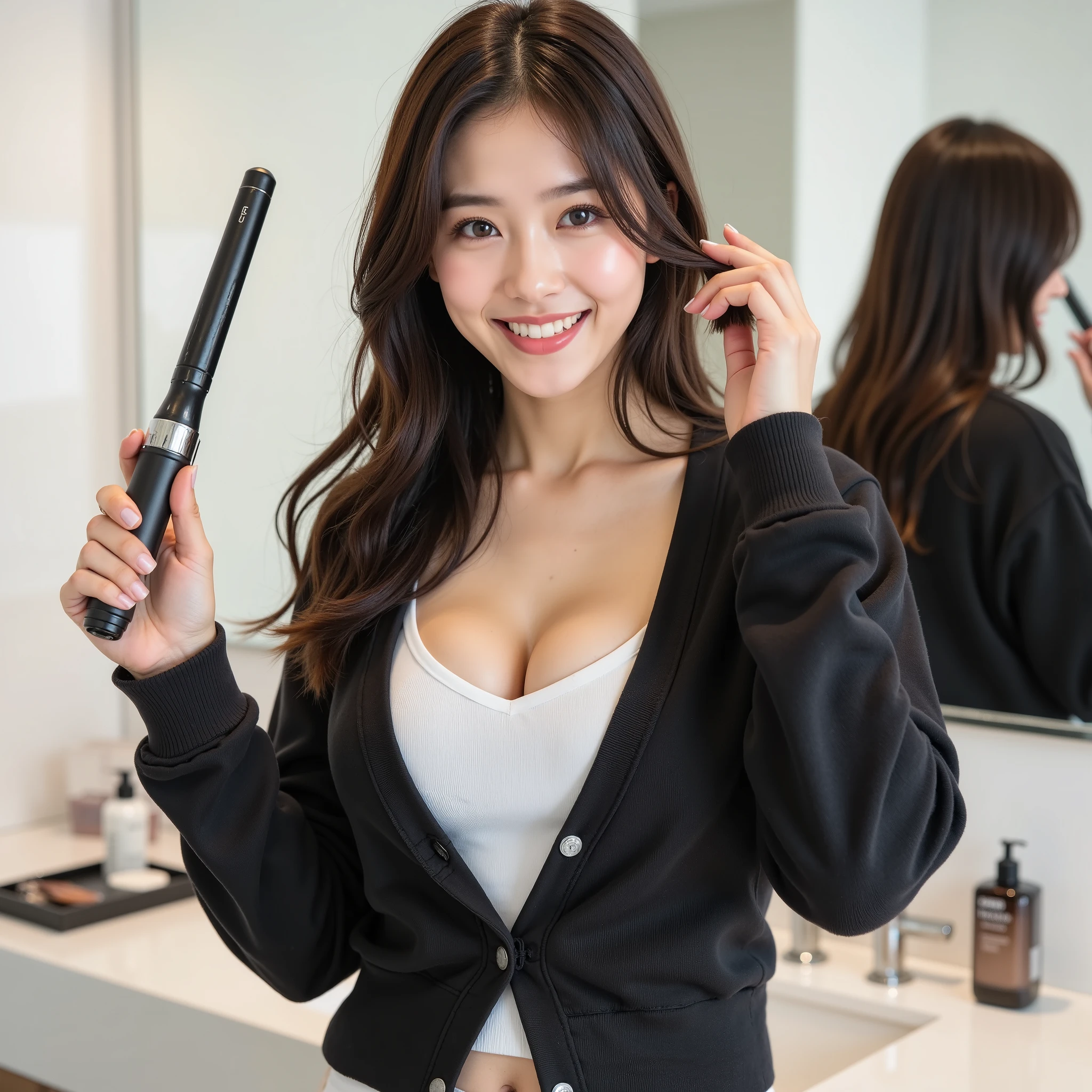 『 one Japanese girl :1.3』『 Real Photos:1.3』 top quality:1.2、(( big breasts))、 I can see a little cleavage、((young 20 year old woman ))、『 smiling showing teeth :1.9』、((( anatomically correct、 perfect anatomy、 anatomically correct指)))、 Slender Body, by Nomi, top quality, super high resolution, RAW Photo, (Curvy body)、 full-bodied , with an idol-like appearance and smile , orbital space, black sweatshirt with dowels on a white tank top,Cosmetics with color 々 are placed in the sink ,I'm holding a curling iron and wrapping my hair ,Playing with her hair,I'm melting my hair with a comb,mirror,Bright bathroom