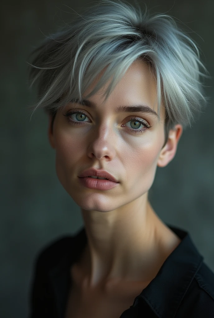 A gray-haired young woman with a short haircut stands in front of the camera and looks into the eyes. Blue eyes, Portrait up to the waist, hyperrealism , 8K, A high resolution, Studio lighting