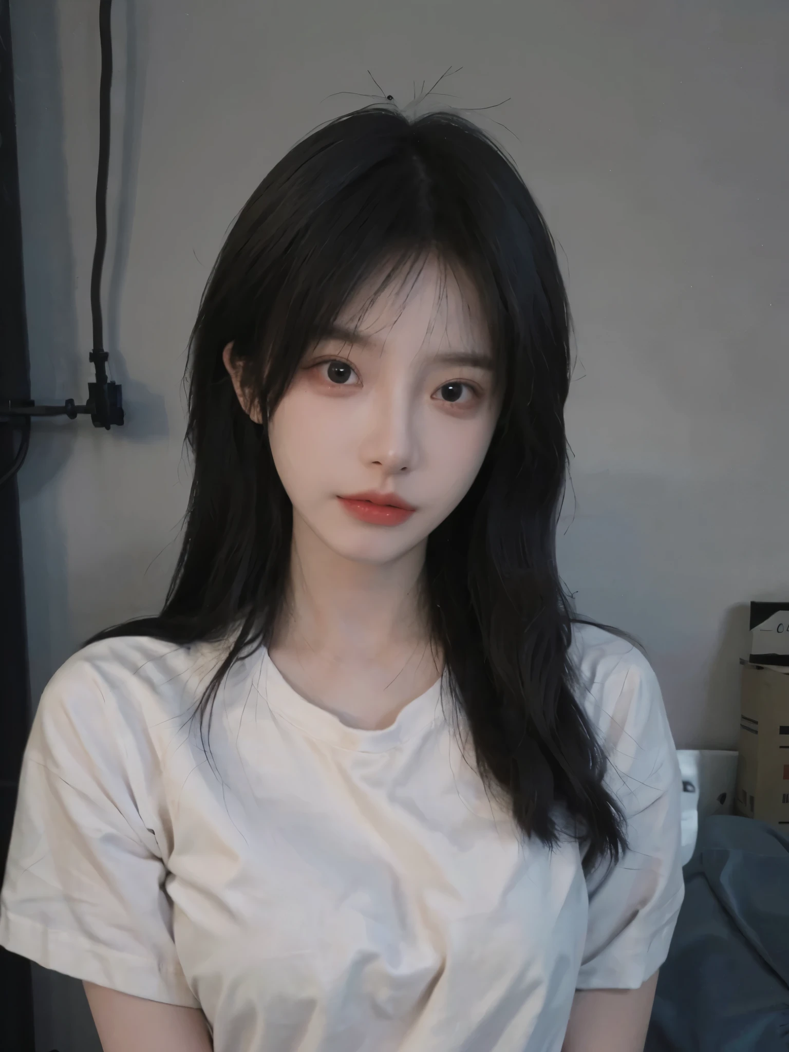 1girl, place bedroom, sweaty, fair skin, black hair, ripped clothes, eyes colour black, face, big ass, high quality,