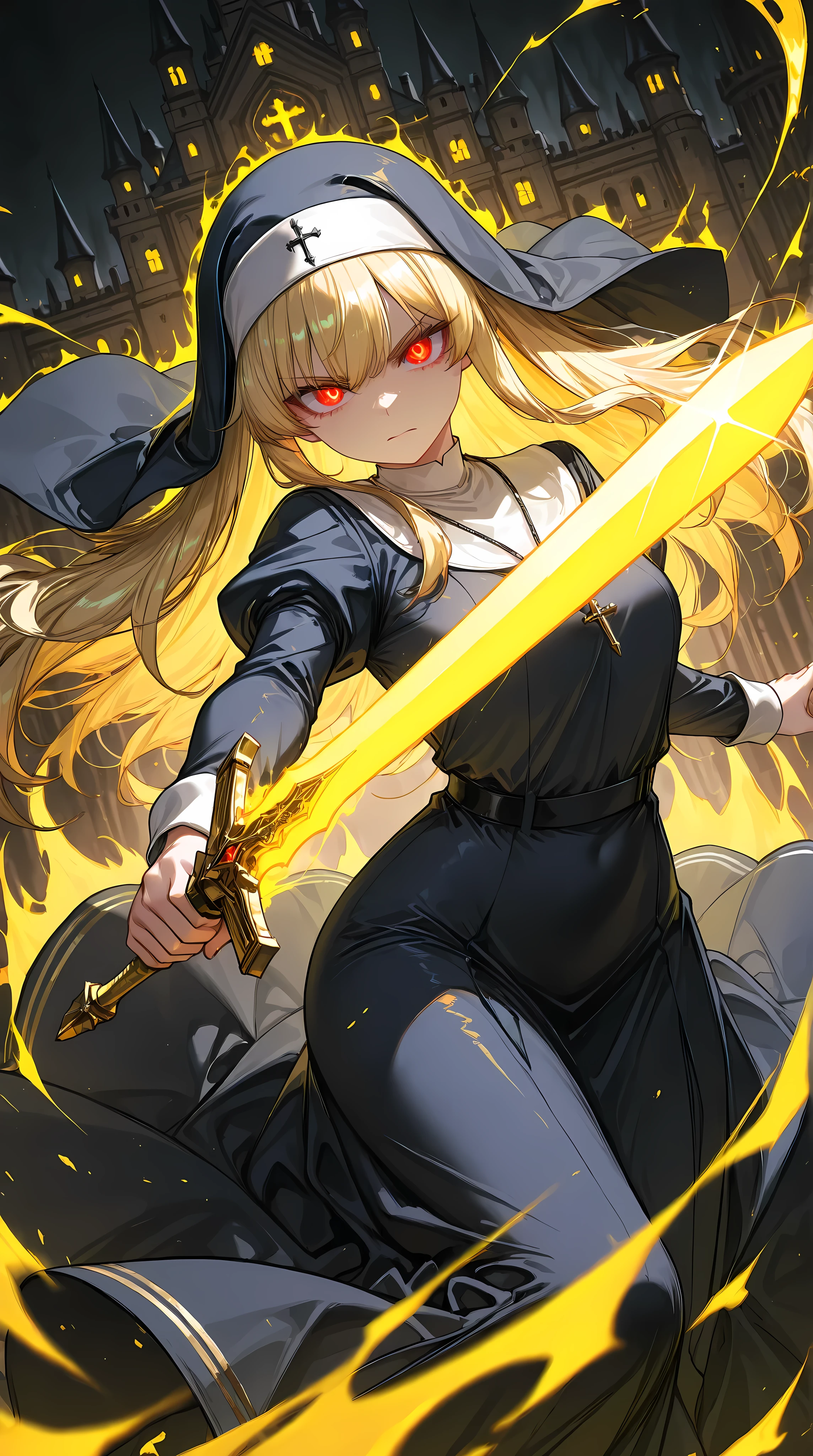 solo, 1girl, aiming a Longsword at viewer, (glowing yellow sword, aura:1.3), fighting stance,
BREAK 1girl, nun, long dress, (navy:1.3) dress, glowing red eyes, long blonde hair, serious,
BREAK night, dark background, castle,
BREAK diffraction spikes, depth of field, dynamic angle, (Luminescent sword effects:1.2), cinematic shadow,
BREAK (masterpiece, super fine illustration, highly detailed), best quality, expressive eyes, perfect face, perfect weapon,