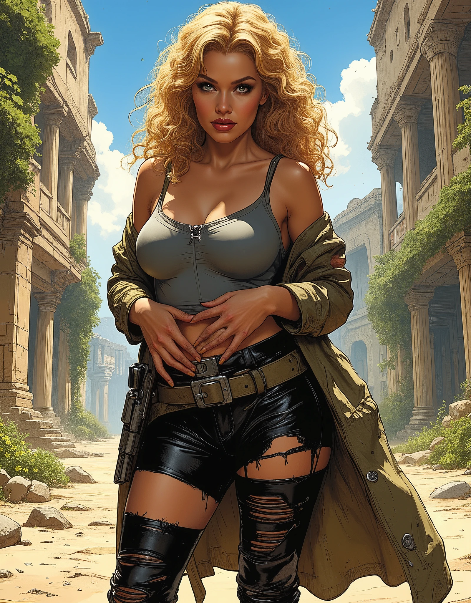 ((artwork, highest quality, Highest image quality, high resolution, photorealistic, CRU photo, 8k)),(best quality, 4k, high resolution, masterpiece: 1.2), ultra detailed, (realistic, photorealistic: 1.37), ray tracing, high quality image, 8k, 4k, side view of a woman, space heroine, inspired by comics. The woman is blonde with waist-length hair, very detailed and curly hair that cascades over her huge tits, very large tits with natural fall. narrow waist, normal hips, shapely and beautiful legs, sun-tanned skin, sensual dark blue eyes. He wears a very tight gray latex top, torn black latex pants that leave his legs exposed, torn and frayed, abdomen shown, futuristic trench coat worn with the open khaki zipper, the trench coat flutters in the wind showing his spectacular body. High black leather boots with heels, wide belt with a very detailed and futuristic blaster holstered. The woman has her hands resting on her waist in a dynamic and inquisitive sexy pose towards the camera. challenging and very sexy. It is located in an alien place, a strange desert, with ancient ruins full of vegetation. Comic illustration cover, artistic, dreamlike and sensual.