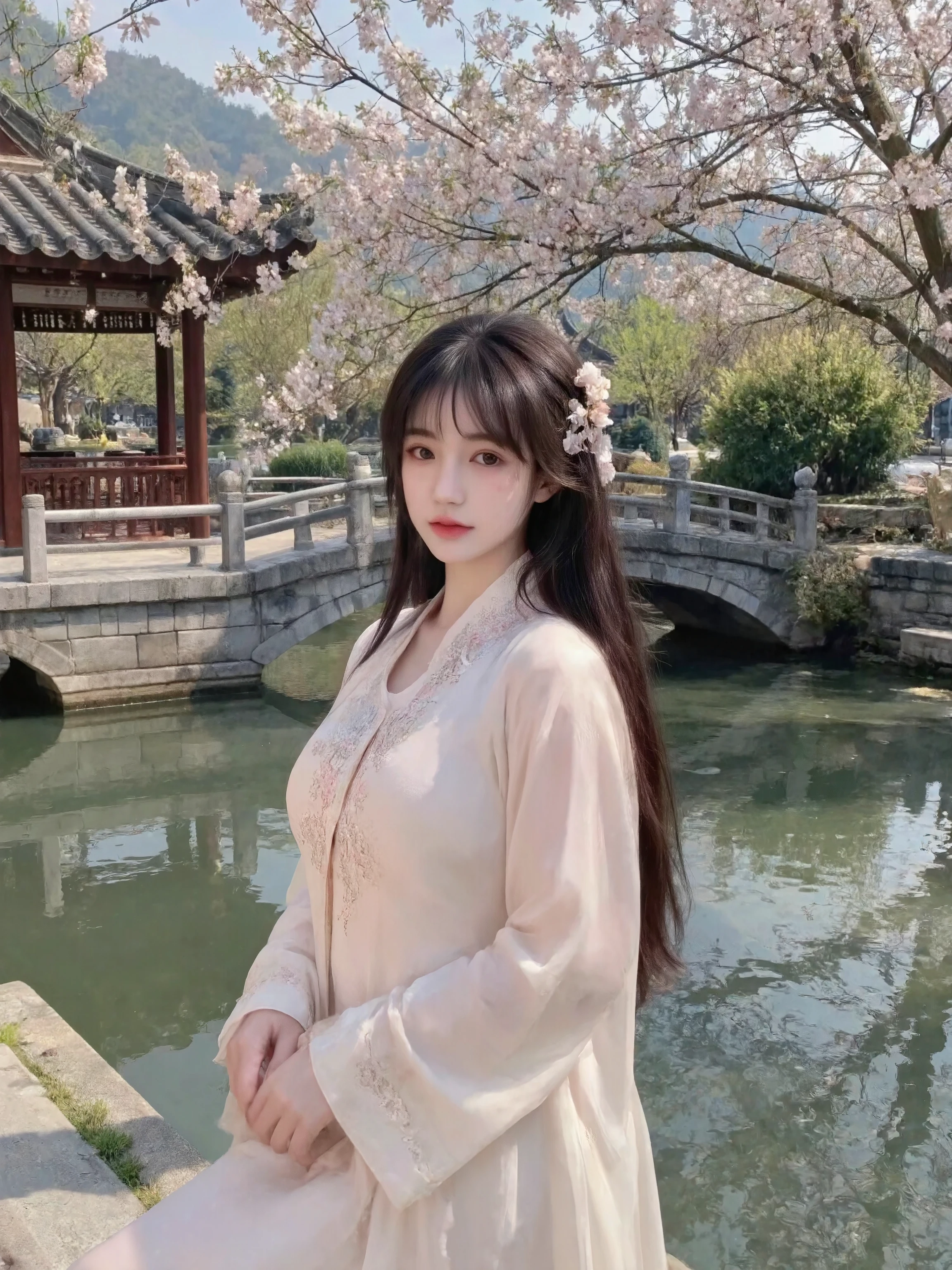 masterpiece, top quality combat bed, Super Fine :1.5, high resolution, sharp focus:1.5,Realism, cinematic lighting,超Realism, atmosphere under the stars, bright color ,Young girl, Ancient hideaway , pure ancient scene ,No modern elements , serene landscape , green mountains and water ,Clear river,Peach blossoms in full bloom,Traditional Hanfu, flowing robe ,Exquisite embroidery,Elegant sleeves , delicate pattern , long hair,Hairpin, peaceful expression ,Standing by the river, Surrounded by nature , ancient pavilions pavilions ,Stone Bridge,bamboo forest, Soft sunlight ,Morning mist, Detailed cloth texture, Detailed hair texture ,Balanced Composition , full body photo, traditional Chinese art style, flowing robe , poetic atmosphere , Ancient filter , no sense of architectural incongruity , ink painting landscape background , splash ink style Yuanshan , classical cornices pavilions ,Bluestone road,weeping willow,Lotus Pond ,Peach Blossom Forest