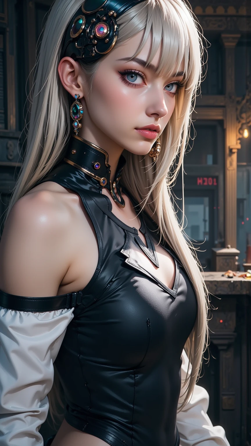 Woman, serious, warrior, armors, chic, pink dress, aristocratic, silver elements, long nails, bared shoulders, coiffure, hair up, braid and ponytail, messy, haughty, absurdrez, detailed dress, royaltly, celebration, hall decorated with flowers, cowboy shot, portraite, (best qualityer), (work of art), (highy detailed), (4K)