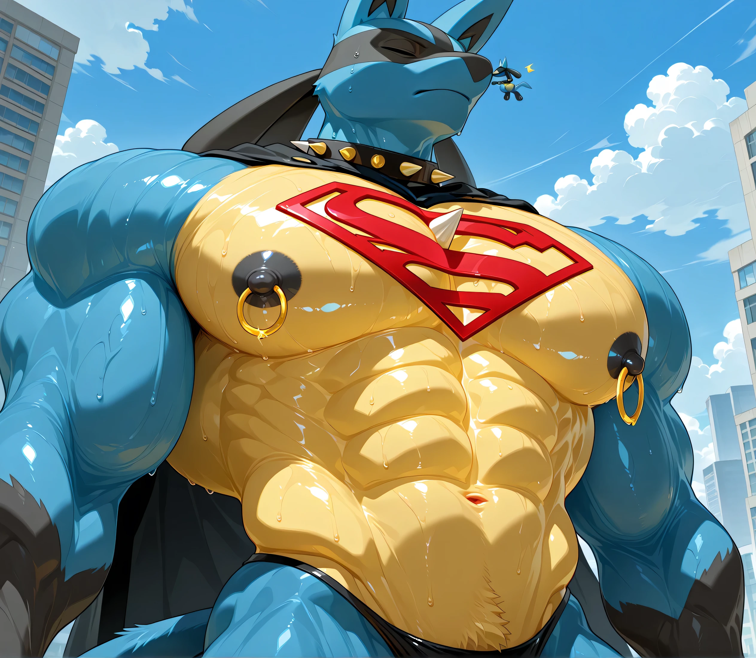 kemono, by null-ghost, by zixiong, solo, male, tail, Lucario, anthro, black nipples, big nipples, gold nipple rings, sweaty, handsome, broad shoulders, black thong, broad chest, huge muscular, posing, thick neck, thick arms, grabbing pectorals, closed eyes, kissing another lucario, flying in the sky, macro, buildings, clouds, wearing gold chains around neck, wearing a spiked collar on his neck, wearing superman outfit, superman symbol on center of chest, black cape, detailed background, sweaty, low view, front view, close shot of chest and face, body fills frame, BREAK score_9_up,score_8_up,score_7_up,score_6_up,score_5_up,score_4_up
