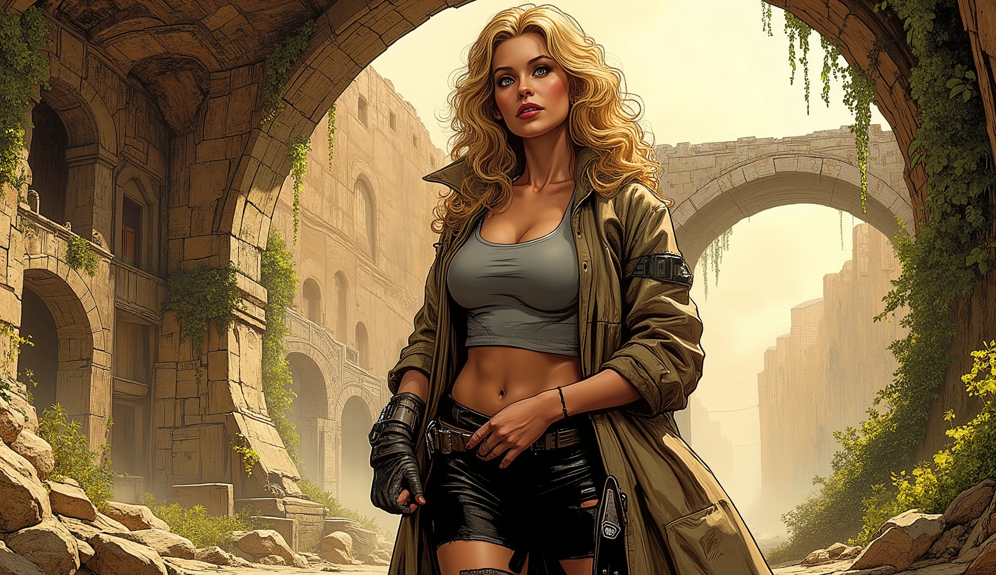 ((artwork, highest quality, Highest image quality, high resolution, photorealistic, CRU photo, 8k)),(best quality, 4k, high resolution, masterpiece: 1.2), ultra detailed, (realistic, photorealistic: 1.37), ray tracing, high quality image, 8k, 4k, side view of a woman, space heroine, inspired by comics. The woman is blonde with waist-length hair, very detailed and curly hair that cascades over her huge tits, very large tits with natural fall. narrow waist, normal hips, shapely and beautiful legs, sun-tanned skin, sensual dark blue eyes. He wears a very tight gray latex top, torn black latex pants that leave his legs exposed, torn and frayed, abdomen shown, futuristic trench coat worn with the open khaki zipper, the trench coat flutters in the wind showing his spectacular body. High black leather boots with heels, wide belt with a very detailed and futuristic blaster holstered. The woman has her hands resting on her waist in a dynamic and inquisitive sexy pose towards the camera. challenging and very sexy. It is located in an alien place, a strange desert, with ancient ruins full of vegetation. Comic illustration cover, artistic, dreamlike and sensual.