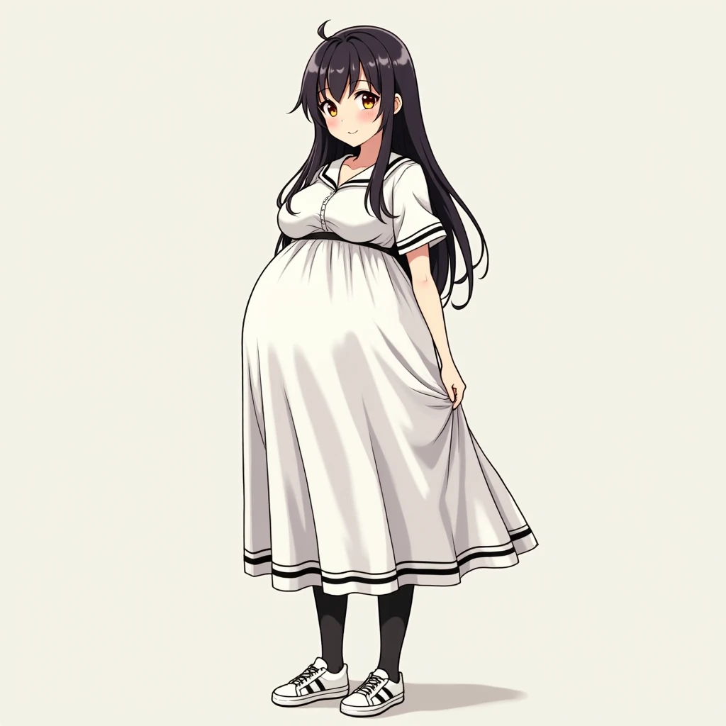 Red eyes, The eyes are round, (Highly detailed CG Unity 8k wallpaper),(masterpiece),(highest quality),(Super detailed),(Best illustrations),(Best Shadow),(Absurd),One girl,alone,Chigahara, One girl, alone, Open your mouth, tooth, Black Hair, Long Hair, View Viewer, Border, black Border, Brown eyes, , bangs,, Simple Background、(White maxi dress)(Huge breasts:3.5)、Pregnant women