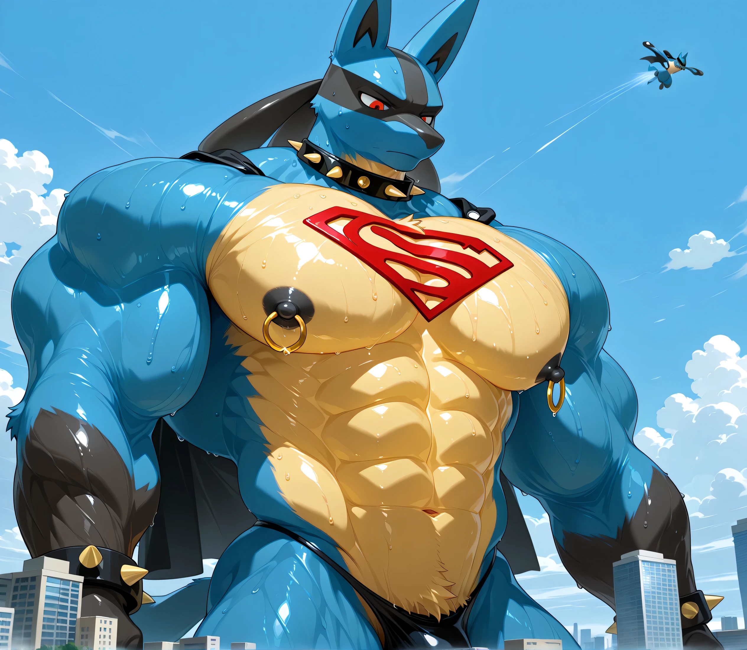 kemono, by null-ghost, by zixiong, solo, male, tail, Lucario, anthro, black nipples, big nipples, gold nipple rings, sweaty, handsome, broad shoulders, black thong, broad chest, huge muscular, posing, thick neck, thick arms, looking down, flying in the sky, macro, buildings, clouds, wearing gold chains around neck, wearing a spiked collar on his neck, wearing superman outfit, superman symbol on center of chest, black cape, detailed background, sweaty, low view, close shot of chest and face, body fills frame, BREAK score_9_up,score_8_up,score_7_up,score_6_up,score_5_up,score_4_up