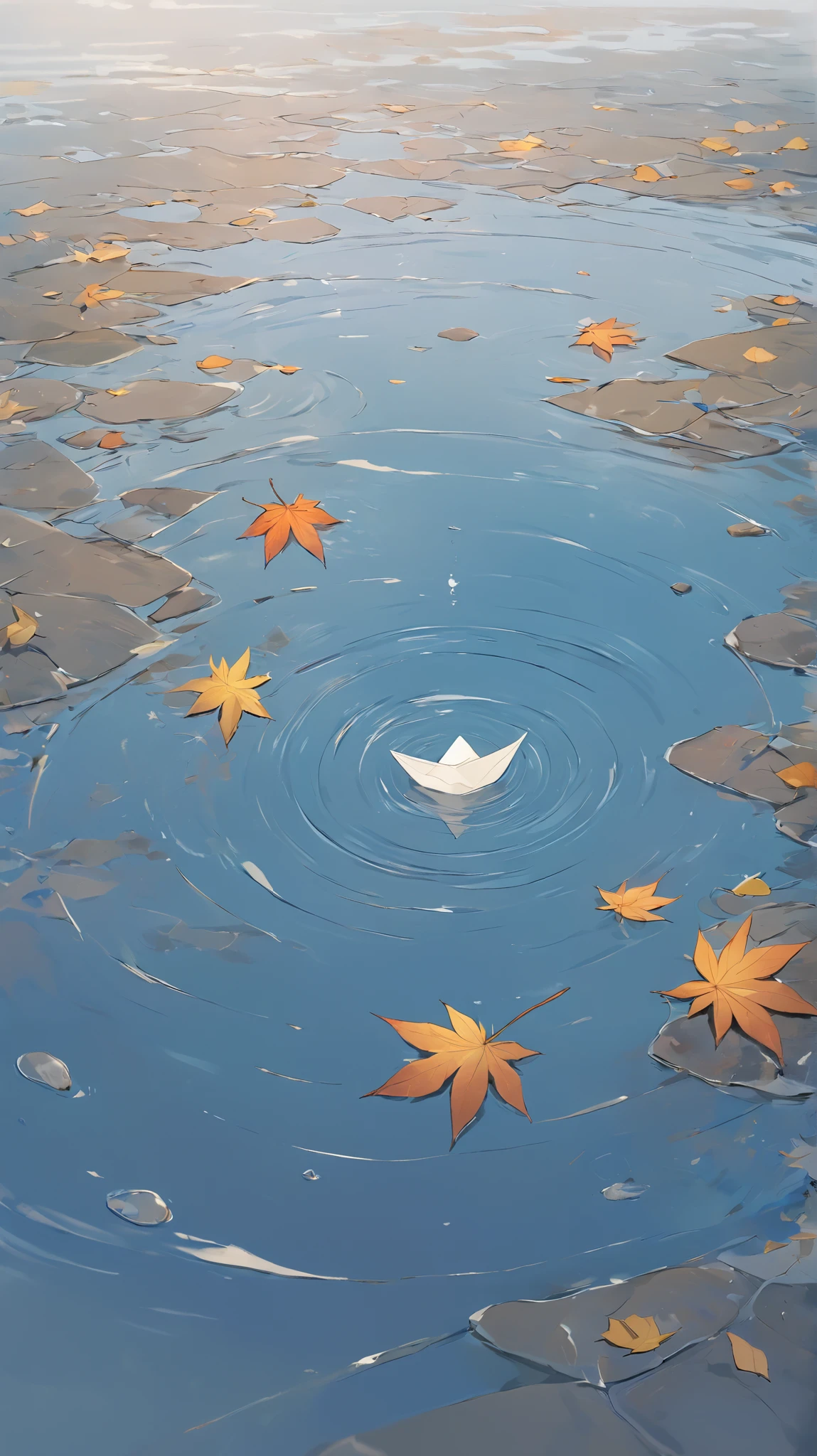 A small paper boat floats gently on a puddle of water near the roadside in an anime-style scene, reflecting the soft light of the overcast sky. Ripples form around it as a gentle breeze passes by, yet still in an anime style, making it drift slowly. Nearby, the edge of the road is scattered with fallen leaves and tiny pebbles, indicating a recent rainfall. This scene captures a moment of tranquility and wonder, inspired by Studio Ghibli.