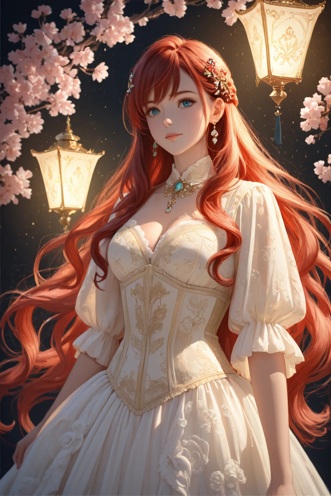 A digital painting  depicting a high-class Victorian-era woman with a fantasy twist. She wears an elegant, flowing gown inspired by Victorian fashion, featuring intricate embroidery and layered silk fabrics with delicate patterns. Her corset is adorned with jade and gold filigree, merging Eastern and Western aesthetics. She has a regal, poised posture, with long, flowing hair styled in an elaborate updo, decorated with ornate hairpins and pearls. The background features a dreamy, ethereal palace with floating lanterns and misty cherry blossoms, evoking a mystical and elegant atmosphere. The scene has a soft, painterly quality, emphasizing fine details and elegance.