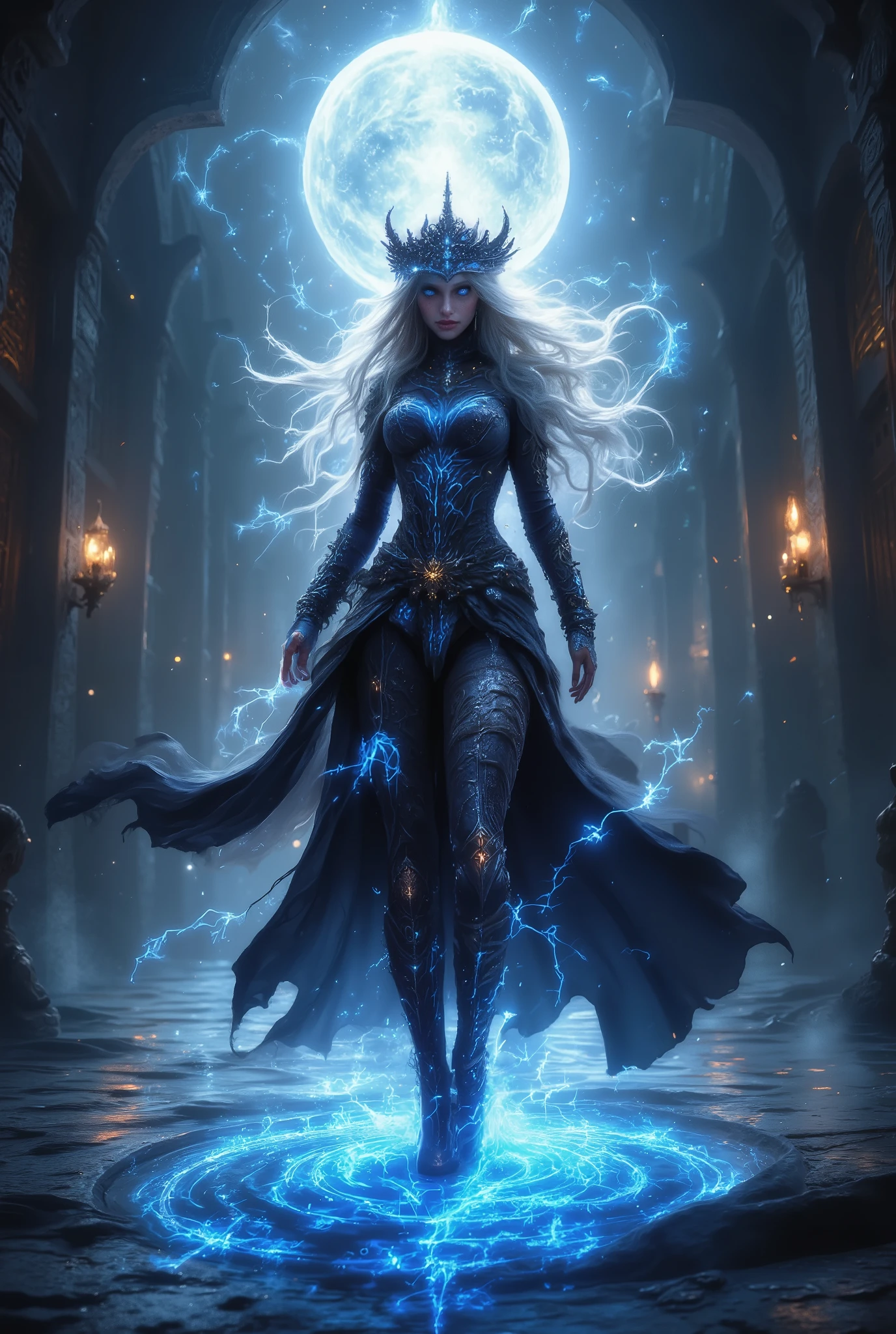 beautiful girl , with Beautiful Silver Hair, A sorceress in a very beautiful painted outfit , Beautiful curly hair, The extraordinary beauty of a face with beautiful eyes , curvy body shapes , Beautiful, sexy pla neckline, magic, 8 k, Steps across the water surface creating glowing patterns on the water , Stars Sparkle Beautifully at night , Тонкие переплеты на руке создают что то Wonderfulе и светящиеся в руке, Masterpiece , Luchshee Kachestvo, a maximum of details , complicated details, 8 k, ideal, fantasy style, maximum quality , Exactly, Wonderful, magical, magic, perfect anatomy,