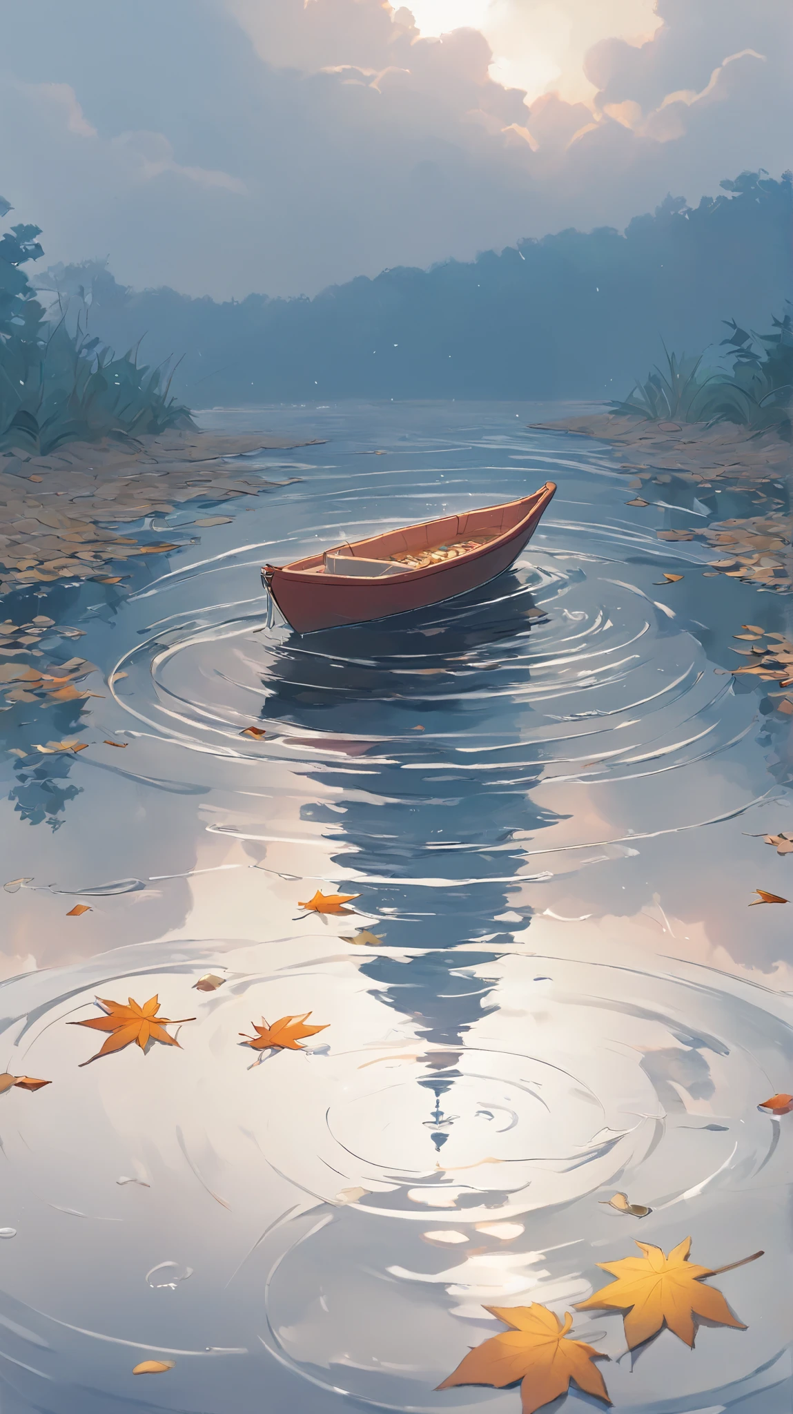 A small paper boat floats gently on a puddle of water near the roadside in an anime-style scene, reflecting the soft light of the overcast sky. Ripples form around it as a gentle breeze passes by, yet still in an anime style, making it drift slowly. Nearby, the edge of the road is scattered with fallen leaves and tiny pebbles, indicating a recent rainfall. This scene captures a moment of tranquility and wonder, inspired by Studio Ghibli.