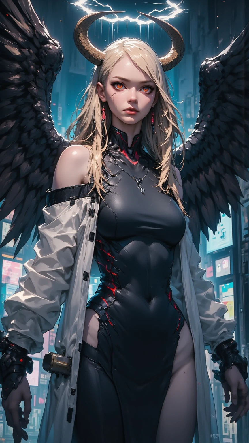 score_9, score_8_up, score_7_up,  robot girl, (robot joints, intervention unit, very complex robot, glowing chest:1.2), full body, blue neon angel wings, mechanical toes, solo, white long hair, flat breasts, bangs, arched back, dark eyes, too tight burgundy hoodie, provocative, cosmic background, cables and wires everywhere, smirk, red theme  <lora:pony/twilight_style:0.8> <lora:pony/expressiveh:0.8> expressiveh <lora:pony/vixon_gothic_oil_style:0.7> d4rk01l