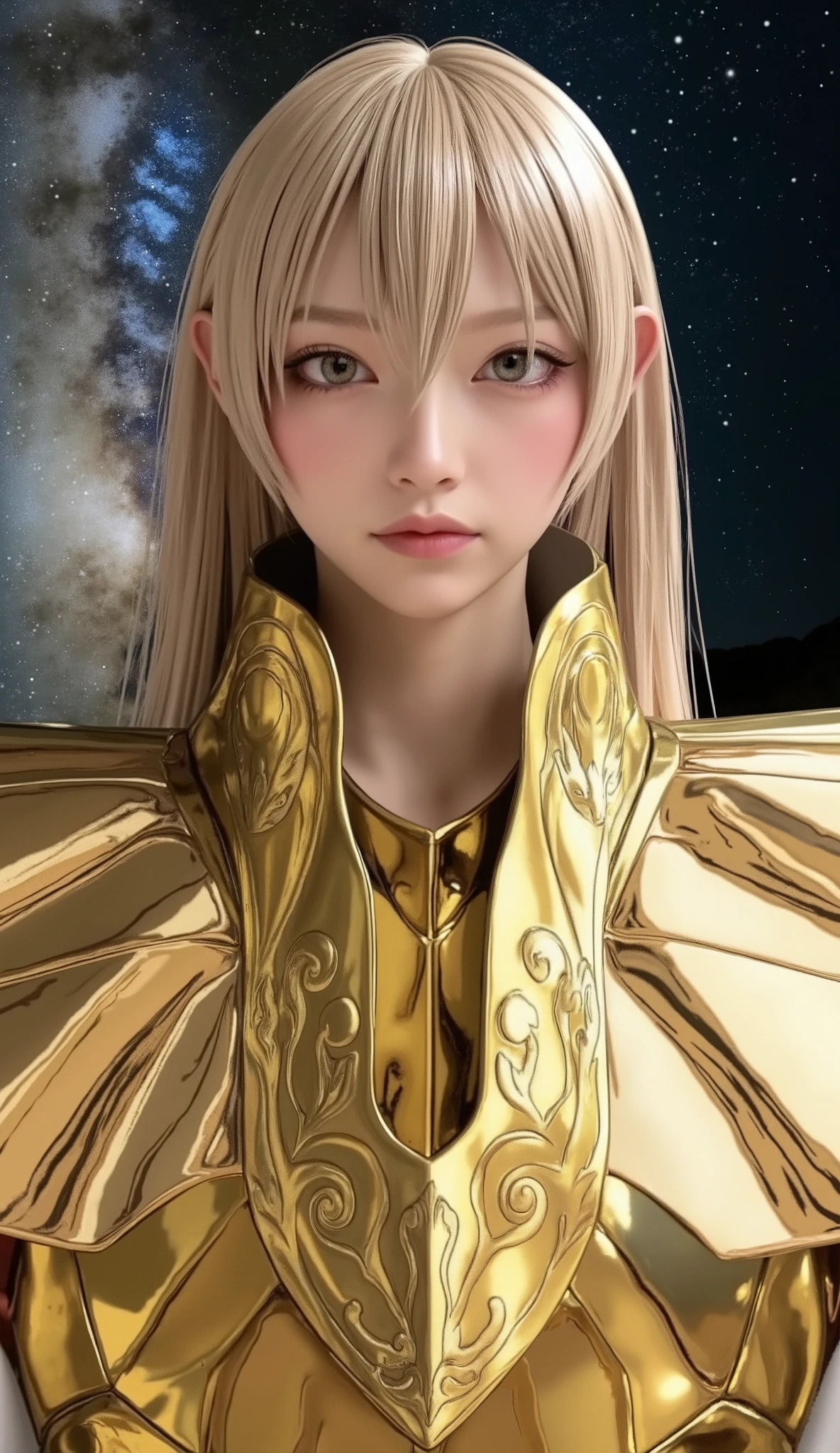 (Korean woman who cosplayed as Shaka from Virgo Balgo),(((( close my eyes )))), (((live-action))),(( full body shot on one side)),(Young face),(((Close your eyelids))),((Mole between the eyebrows)),( blue eyes),((Ancient Greek Temple )),(( shooting star, Milky Way)),(((Golden Shining Armor))),( perfect body),((Place your hands slightly apart and put them together)),( Soft Light on Your Face), shiny skin ,(( blonde long hair)),(( beautiful straight hair )),(8k, top quality , masterpiece:1.2, very knowledgeable about trends),(( anatomically correct, Ultra Detailed Skin )),