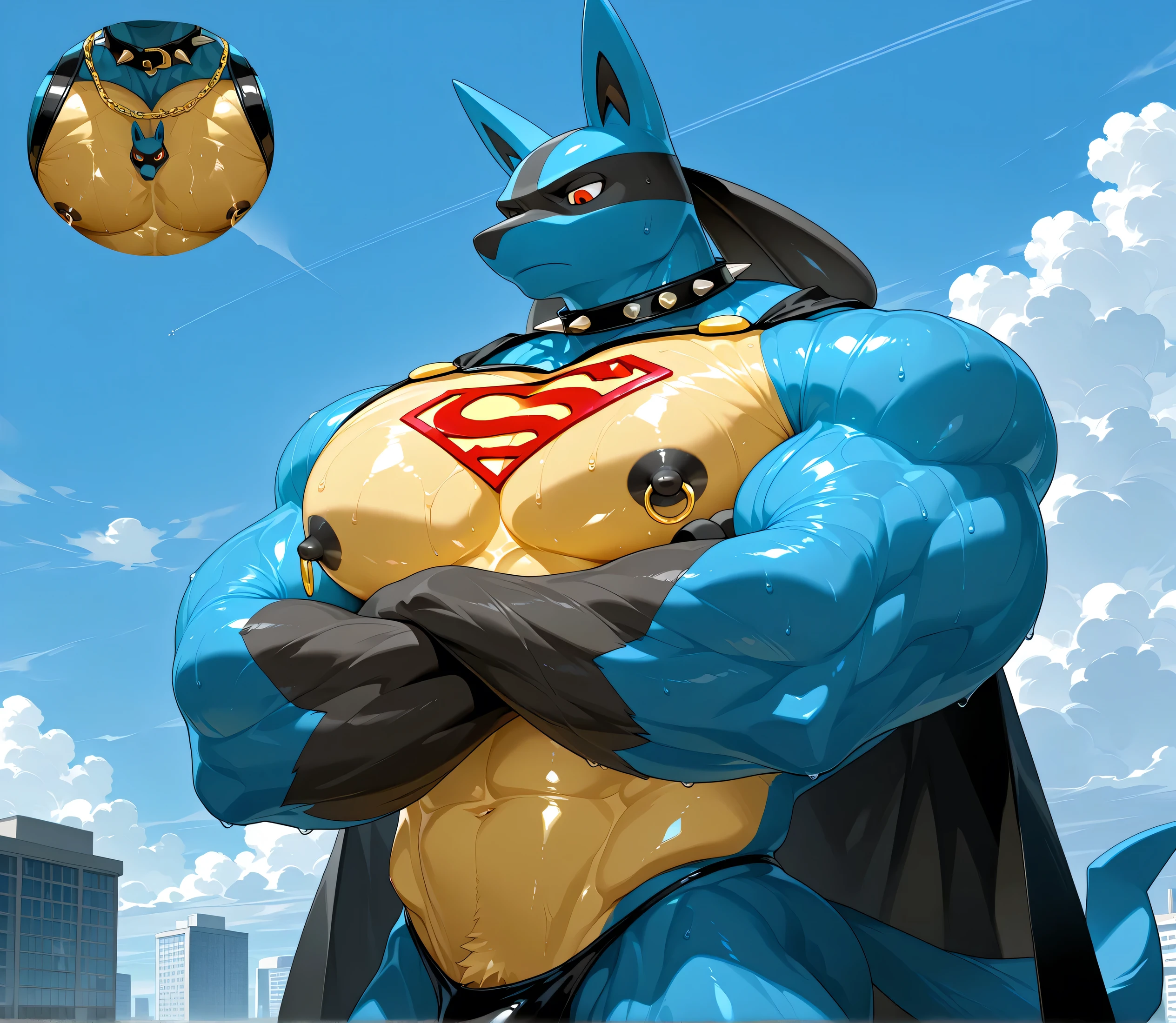kemono, by null-ghost, by zixiong, solo, male, tail, Lucario, anthro, black nipples, big nipples, gold nipple rings, sweaty, handsome, broad shoulders, black thong, broad chest, huge muscular, posing, thick neck, thick arms, looking down, flying in the sky, serious, crossed arms, macro, buildings, clouds, wearing gold chains around neck, wearing a spiked collar on his neck, wearing superman outfit, superman symbol on center of chest, black cape, detailed background, sweaty, low view, close shot of chest and face, body fills frame, BREAK score_9_up,score_8_up,score_7_up,score_6_up,score_5_up,score_4_up