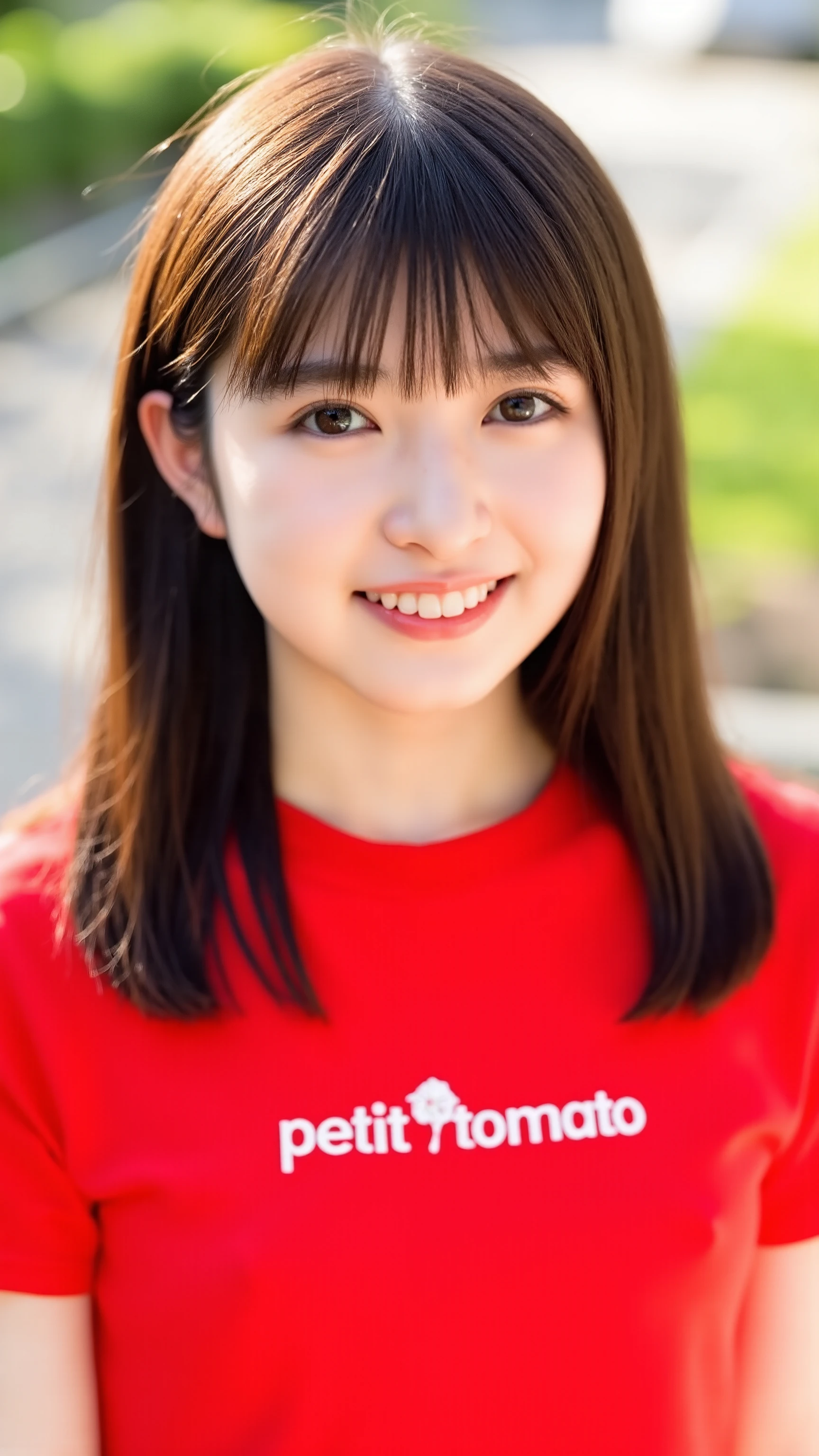 The high resolution photograph of a Japanese young woman, photo-realistic, realistic, masterpiece, best quality, intricate details, extremely detailed, sharp focus, professional lighting, solo, 1girl, ite body, (flat chest, small breasts:1.2), (red t-shirt with text "petit tomato" printed in white font, nipple pokies), (stomach-length straight black hair with blunt bangs), pale skin, small head, small face, detailed face, detailed eyes, sophisticated nose, smile, teeth, outdoors,