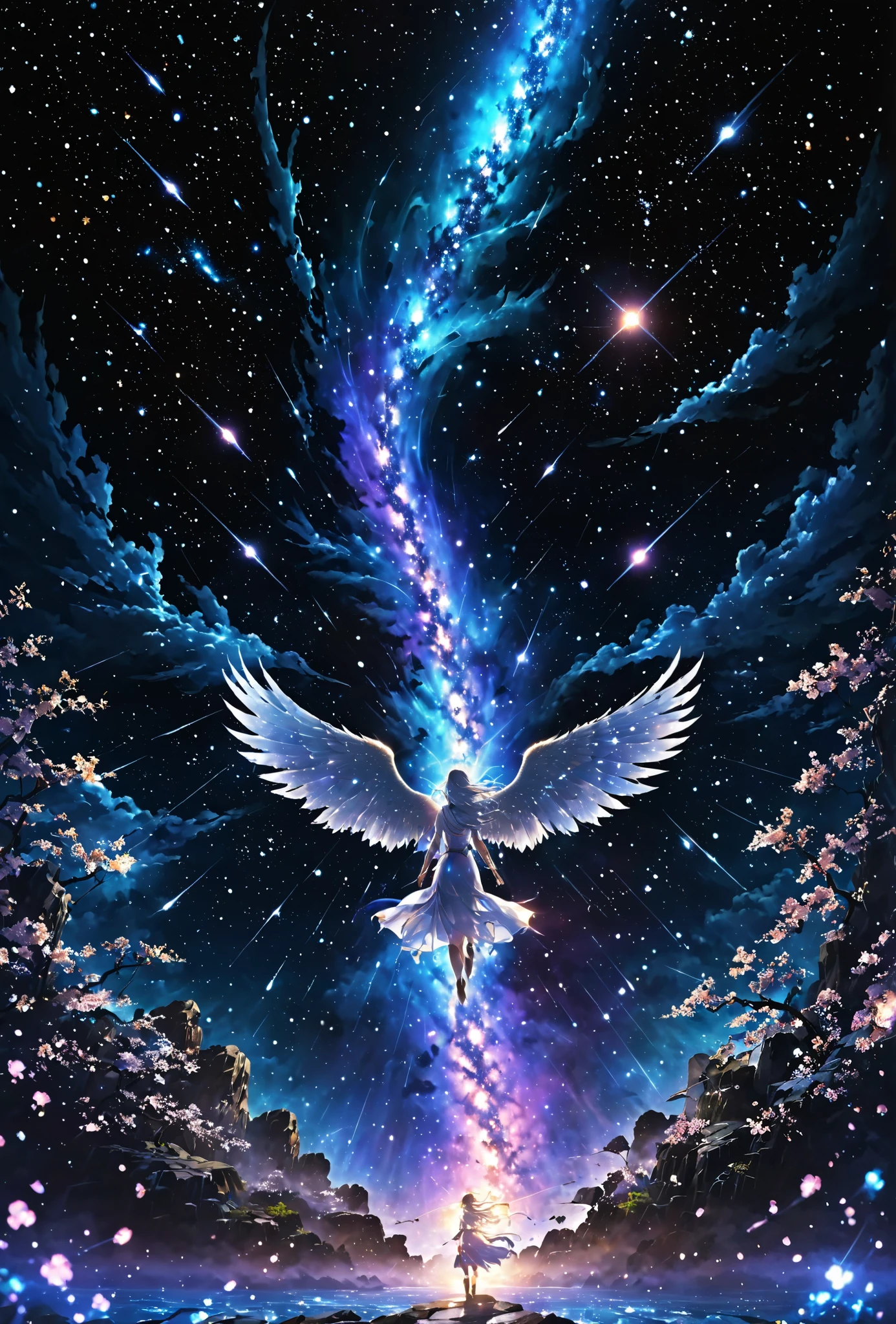 The image depicts the universe, The night sky where the little stars shine, Stars filled with , create a deep space atmosphere、(Japan's shining phoenix integrated with clouds in Back View:1.2),(wings fluttering in the wind and a long tail 1.2),crystal、( Mysterious and Beautiful Nature :1.3)、 Fantastic、Overlooking、 Proximity Method、angel、 has a high background ratio、Sacred Sanctuary 、(Back view:1.1)