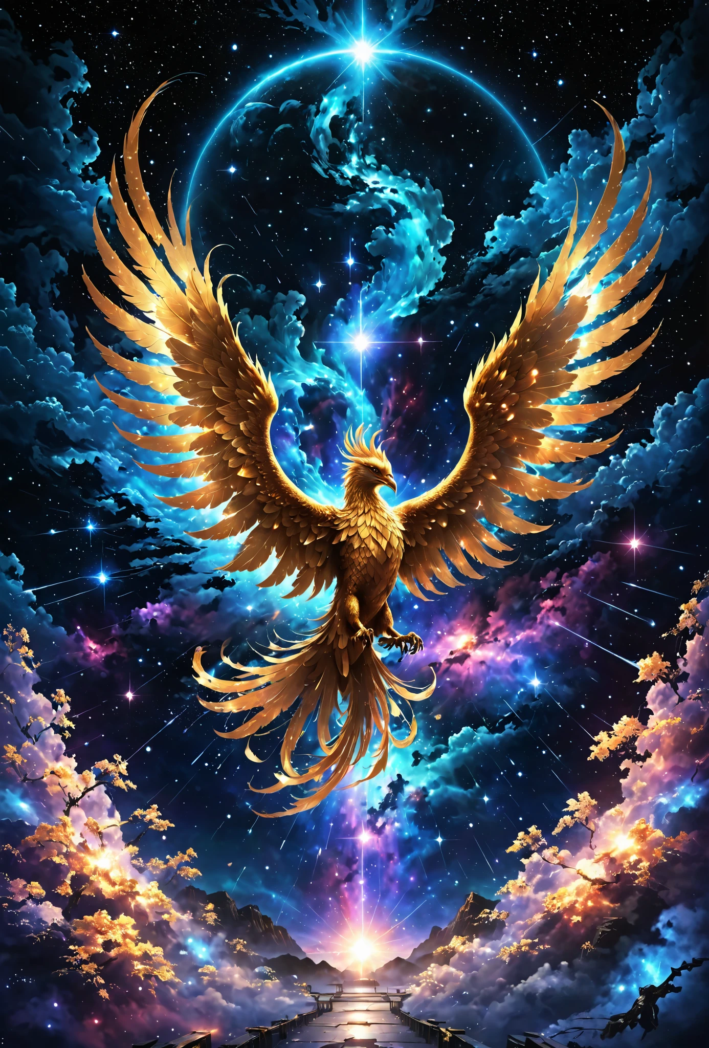 The image depicts the universe, The night sky where the little stars shine, Stars filled with , create a deep space atmosphere、( The shining phoenix of Japan in the rear view integrated with the clouds:1.2),(wings fluttering in the wind and a long tail 1.2),crystal、( Mysterious and Beautiful Nature :1.3)、 Fantastic、Overlooking、 Proximity Method、Angel、 has a high background ratio、Sacred Sanctuary 、The phoenix in the back 、