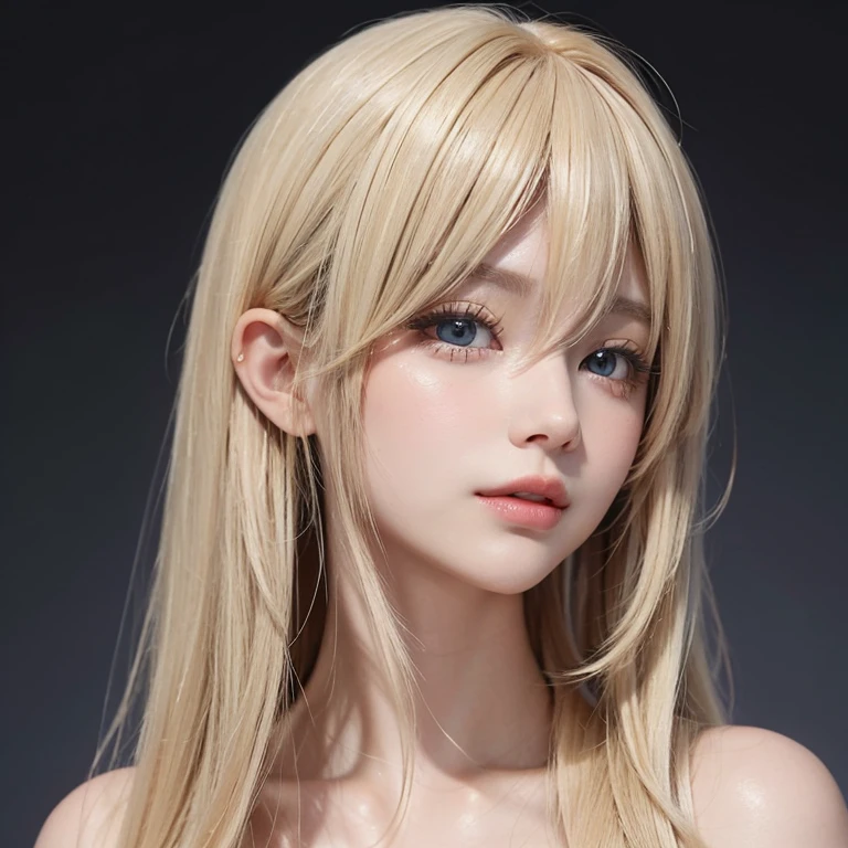 The most beautiful girl with long blonde hair in the world、 very beautiful shiny cute face 、Beautiful shiny white skin、Glowing cheek highlight、 very beautiful and very bright big sky blue eyes、Sparkling bright eyes 、、hair over eyes、hair over one eye、hair between eyes、 large double eyelids 、 beautiful very long shiny silky light blond straight hair、Sexy 、 cute beautiful girl with swaying long bangs 、The most beautiful girls in the Western world、Round face、Adorable appearance、Bangs between eyes 、 eyes、Very beautiful super long beautiful treatment hair、Kissing Face