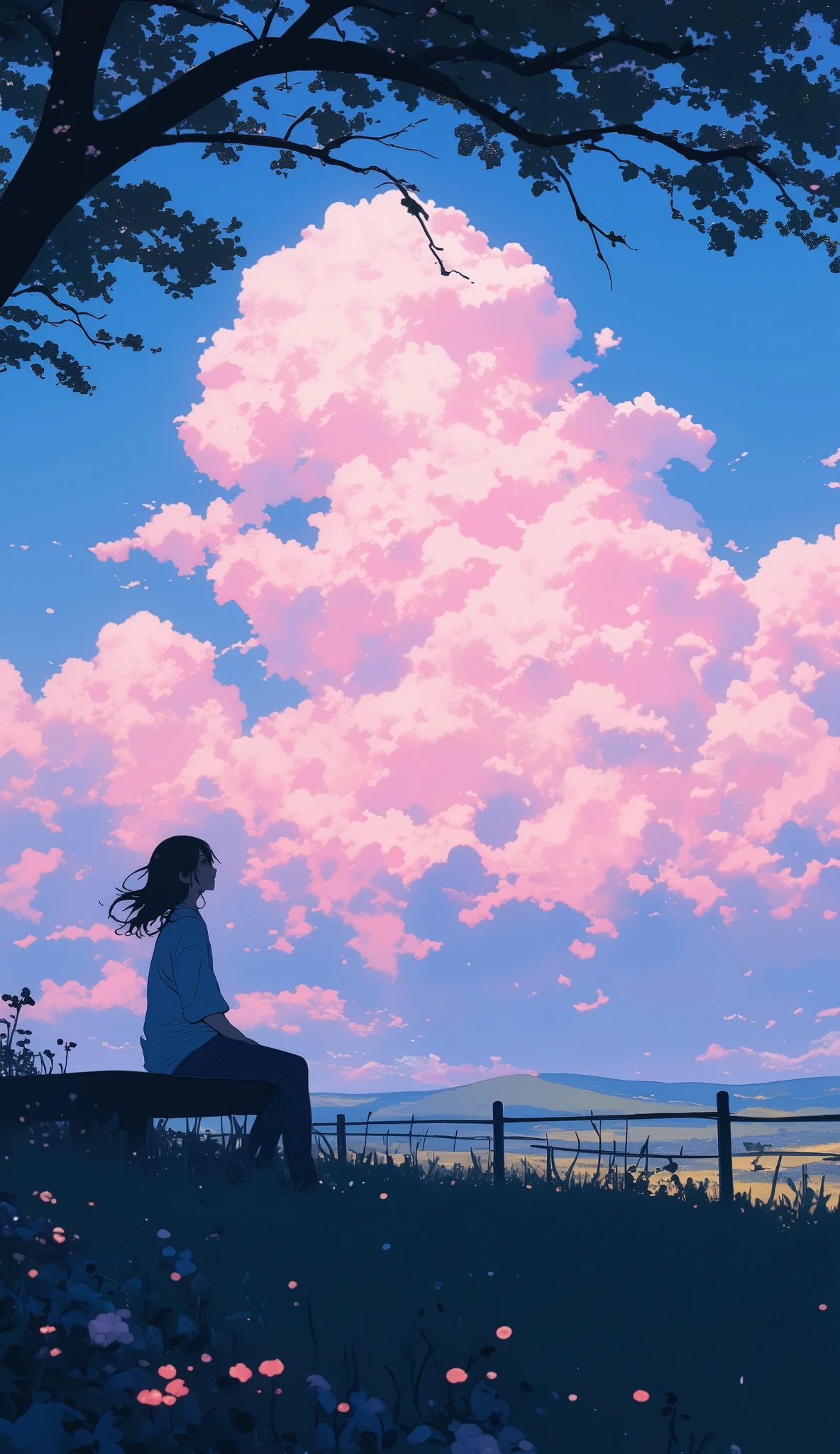 a melancholic anime scene, long hair woman sitting in a bench right under a tree silhouette gazing at giant pink cumulus clouds resembling cotton candy, dark green grassy foreground with small flowers, black fence, distant hills, serene atmosphere, trending on artstation