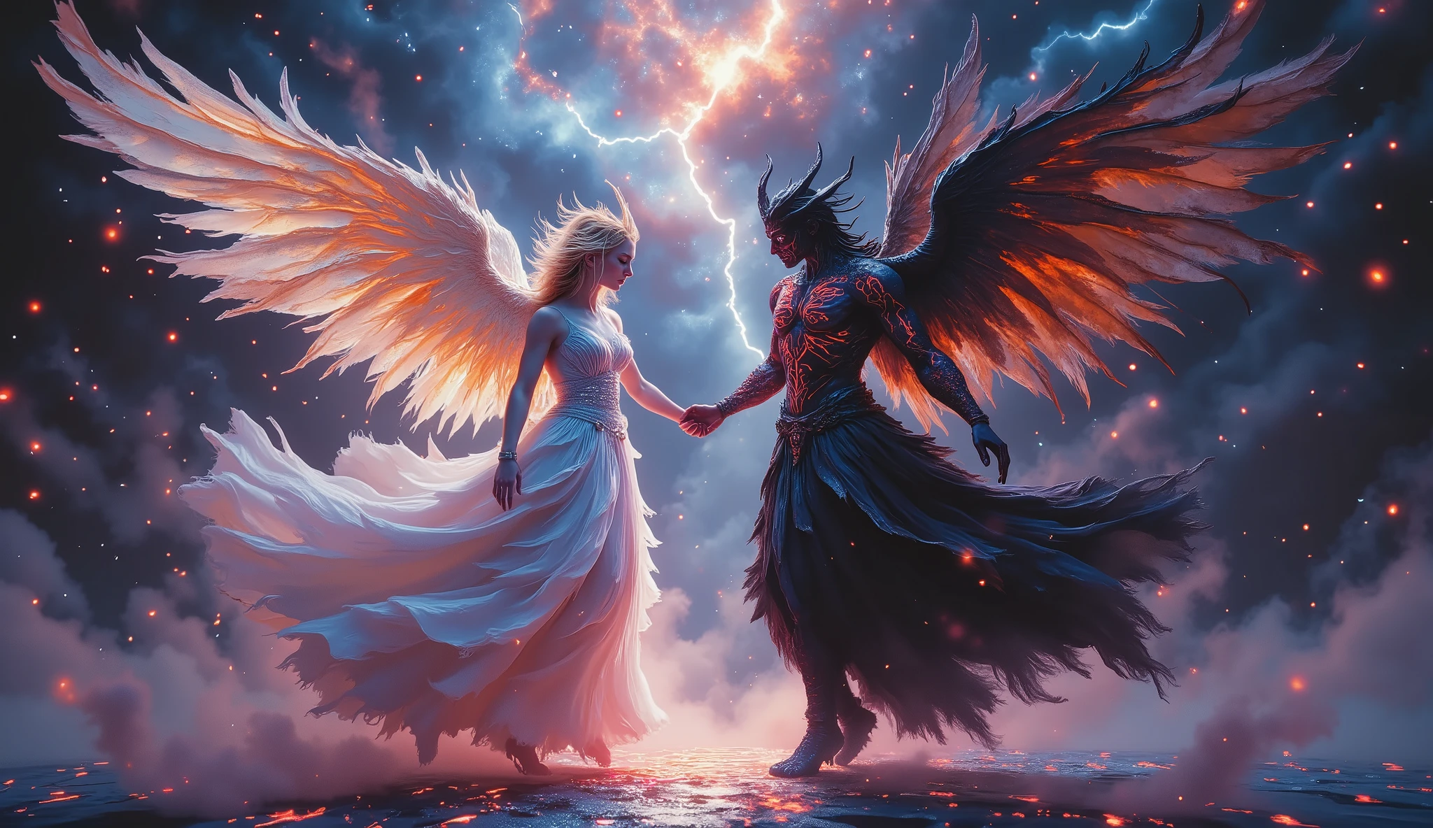 (best quality, 128k,highres,masterpiece:1.2),ultra-detailed,(realistic,photorealistic,photo-realistic:1.37), ((masterpiece)) ((photography)) ((Highest quality)) Surreal realistic digital dynamic kinetic photo, an angel and a demon dancing passionately and intensely in a cosmic nightclub. The angel glows with a soft, radiant aura, their white attire flowing as if defying gravity. The demon has obsidian-black skin with subtle red neon cracks, their movements intense and electrifying. The nightclub pulses with vibrant cosmic colors—nebulae swirling as light beams cut through the celestial haze. The dance floor reflects the universe beneath their feet, stars shimmering with each step. A dreamlike atmosphere, blending divine elegance with rebellious energy in a mesmerizing, otherworldly setting.