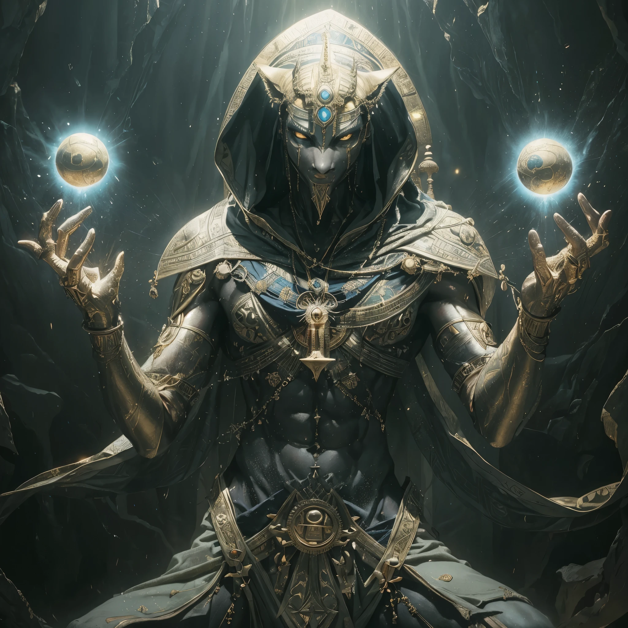 Tarot Card: The High Priest (Hierophant) – Anubis, Keeper of Mysteries A majestic Anubis, the ancient Egyptian god of the afterlife, stands in the center of the card, embodying the wisdom and authority of The High Priest (Hierophant). His form is a fusion of jackal-headed divinity and reptilian mysticism, giving him an otherworldly, powerful presence. His piercing eyes glow with divine knowledge as he gazes forward, a bridge between the mortal and spiritual realms. Draped in flowing royal Egyptian robes, embroidered with golden hieroglyphs, he holds a sacred staff—the Was scepter—in one hand, symbolizing power, while the other hand is raised in a gesture of divine teaching. Behind him, the ancient temple of knowledge looms, bathed in an eerie, storm-lit sky, with swirling winds carrying whispers of lost wisdom. Thoth, the scribe god, hovers nearby, recording sacred knowledge. Lightning crackles in the distance, symbolizing divine revelation, while swirling sandstorms rise around his feet, marking his command over both chaos and order. His robes billow in the wind, and his reptilian features glisten under the golden light of the Eye of Ra, which shines above him like a celestial beacon. At the bottom of the card, the traditional tarot symbolism remains: two devoted initiates, kneeling before Anubis, ready to receive his sacred teachings. The card’s border is adorned with Kemetic hieroglyphs, reinforcing the deep connection to ancient Egyptian mysticism. Rendered in a rich oil painting style, the textures of Anubis' fur, the swirling storm, and the ancient stone carvings are vividly brought to life, creating a dramatic yet spiritual aura. The color palette is deep and **regal—golds, blacks, blues, and crimson—**evoking mystery, divinity, and power. At the bottom, bold tarot typography reads: “The High Priest – Anubis”, with subtle Kemetic script flowing underneath, sealing the card with divine energy.