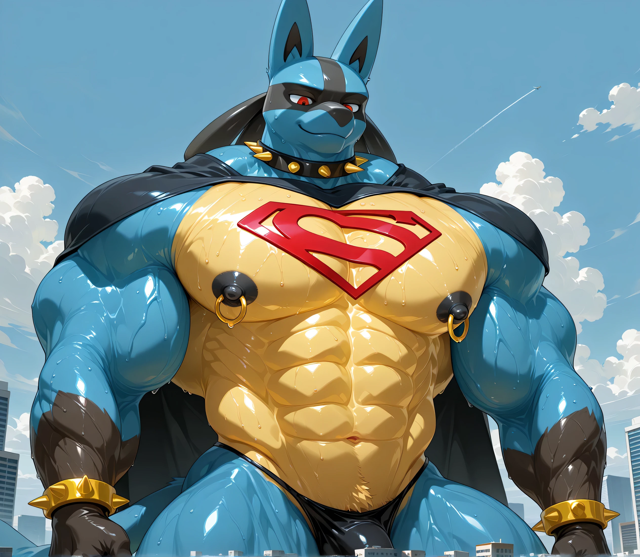 kemono, by null-ghost, by zixiong, solo, male, tail, Lucario, anthro, black nipples, big nipples, gold nipple rings, sweaty, handsome, broad shoulders, black thong, broad chest, huge muscular, posing, thick neck, thick arms, looking down, smiling, macro, buildings, clouds, wearing gold chains around neck, wearing a spiked collar on his neck, wearing superman outfit, superman symbol on center of chest, black cape, detailed background, sweaty, low view, direct straight view, close shot of chest and face, body fills frame, BREAK score_9_up,score_8_up,score_7_up,score_6_up,score_5_up,score_4_up