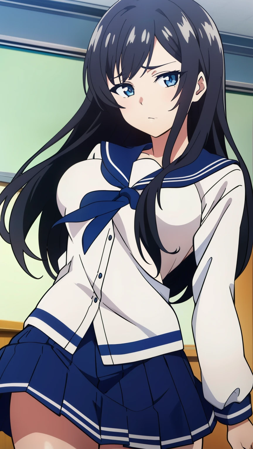 (Top quality, masterpiece, 8k), (anime coloring:1.2), very detailed, very detailed, perfect face, beautiful eyes, perfect eyes, detailed eyes, detailed face, ultra-detailed, detailed eyes, symmetrical eyes, sharp details, 1 girl, solo, (black long hair, straight hair), 18 years old, medium breasts, healthy skin, slim, slim body, (quiet, nervous), (highschool girl, white sailor suit, white long sleeve, navy blue ribbon, black skirt, classroom), (cowboy shot:1.3), (dynamic pose), looking at the viewer, in the center of the image,