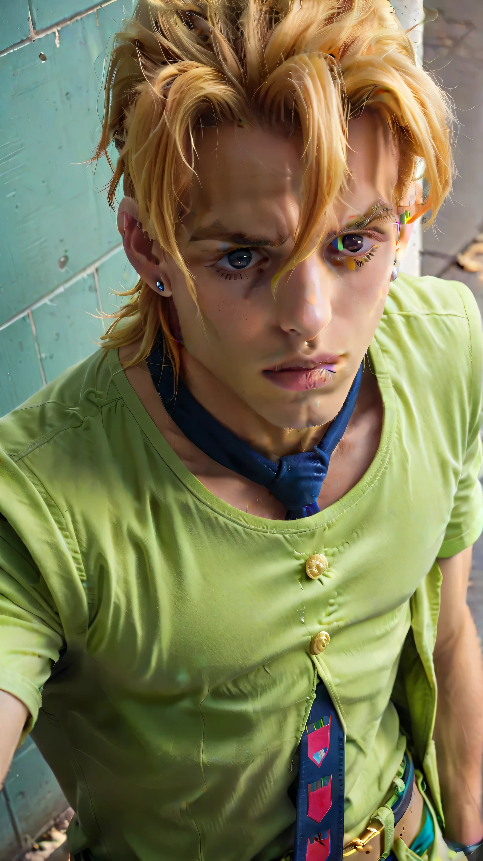 Masterpiece, anime, best quality, young male, yellow hair, sleeveless, chain armor, medieval, sitting aside, crying