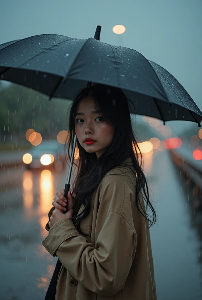 professional photography shows a beautiful Thai girl with beautiful eyes, natural red lips, long black hair in loose rolls, wearing a coat with a sole on her neck, wearing sneakers, posing charmingly while it is raining while holding an umbrella, the background of the city park highway with dark clouds, and the falling rain, a clear, realistic full body photo