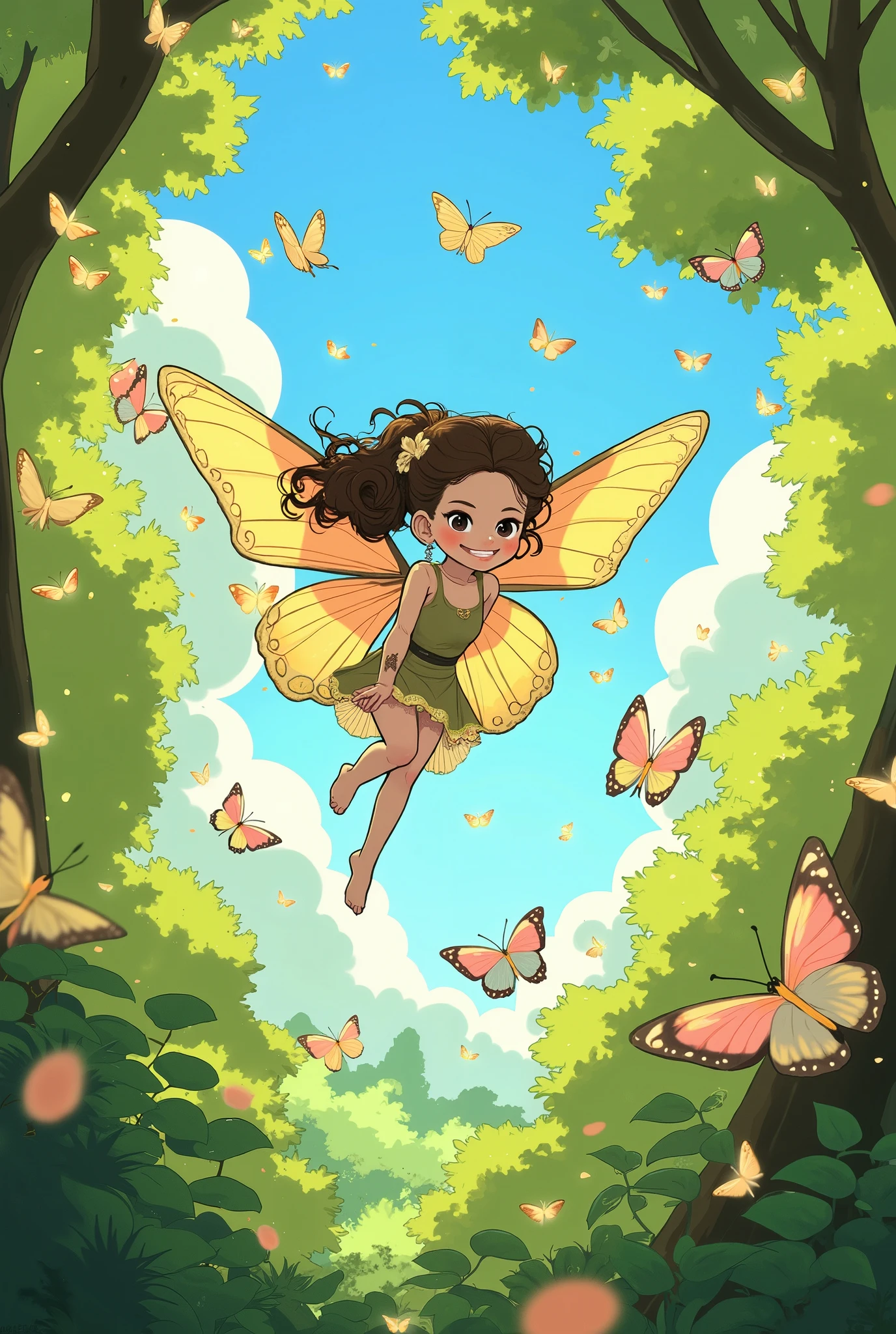 Стиль cartoonа, A beautiful girl in a beautiful forest outfit , sitting on a Butterfly flies , she is accompanied by a swarm of butterflies circling beautifully , Very beautiful flight over the forest on a beautiful sunny morning, when dew drops roll down the trees , clouds and the beautiful gentle colors of the bluish sky , Masterpiece , maximum quality , High definition , Luchshee Kachestvo, in great detail , perfect, cartoon, 8 k, juaner_cartoon,