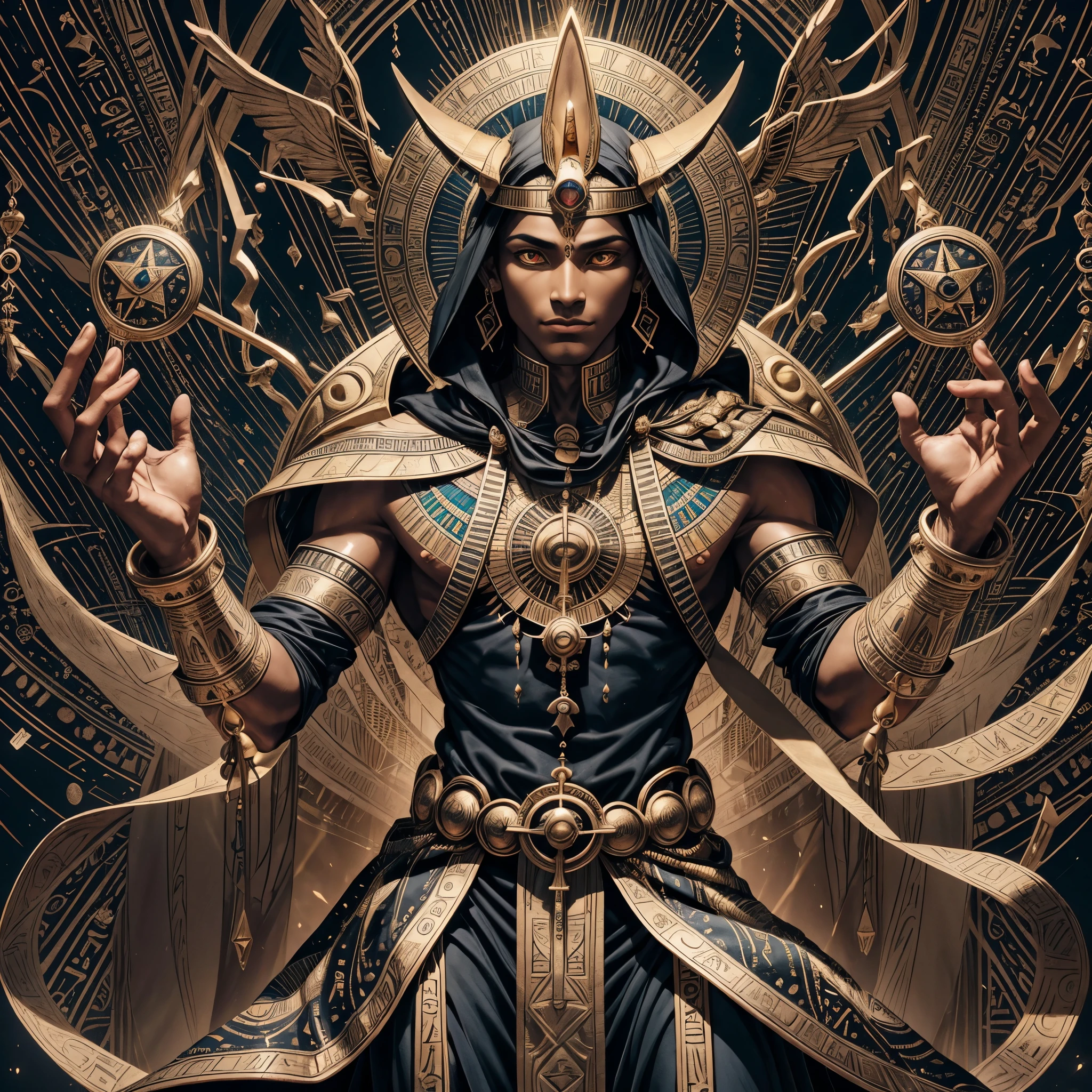 Tarot Card: The High Priest (Hierophant) – Anubis, Keeper of Mysteries A majestic Anubis, the ancient Egyptian god of the afterlife, stands in the center of the card, embodying the wisdom and authority of The High Priest (Hierophant). His form is a fusion of jackal-headed divinity and reptilian mysticism, giving him an otherworldly, powerful presence. His piercing eyes glow with divine knowledge as he gazes forward, a bridge between the mortal and spiritual realms. Draped in flowing royal Egyptian robes, embroidered with golden hieroglyphs, he holds a sacred staff—the Was scepter—in one hand, symbolizing power, while the other hand is raised in a gesture of divine teaching. Behind him, the ancient temple of knowledge looms, bathed in an eerie, storm-lit sky, with swirling winds carrying whispers of lost wisdom. Thoth, the scribe god, hovers nearby, recording sacred knowledge. Lightning crackles in the distance, symbolizing divine revelation, while swirling sandstorms rise around his feet, marking his command over both chaos and order. His robes billow in the wind, and his reptilian features glisten under the golden light of the Eye of Ra, which shines above him like a celestial beacon. At the bottom of the card, the traditional tarot symbolism remains: two devoted initiates, kneeling before Anubis, ready to receive his sacred teachings. The card’s border is adorned with Kemetic hieroglyphs, reinforcing the deep connection to ancient Egyptian mysticism. Rendered in a rich oil painting style, the textures of Anubis' fur, the swirling storm, and the ancient stone carvings are vividly brought to life, creating a dramatic yet spiritual aura. The color palette is deep and **regal—golds, blacks, blues, and crimson—**evoking mystery, divinity, and power. At the bottom, bold tarot typography reads: “The High Priest – Anubis”, with subtle Kemetic script flowing underneath, sealing the card with divine energy.