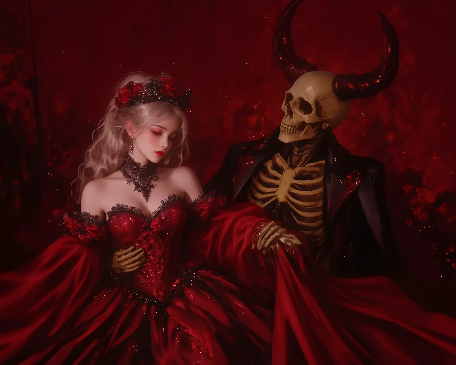 Close up In a crimson red setting, a skeleton holding a beautiful woman. The skeleton has yellowish bones, dark red horns. The skeleton wears a black suit with red details. The woman wears a crimson red dress (Renaissance style), wide neckline from shoulder to shoulder, neckline made of red roses, red corset, puffy skirt, black necklace with a small red rose, tiara of red roses in her hair, with black details, small rose-shaped earrings. The woman has an ethereal beauty, with wavy platinum hair, half up and half down, crimson red eyes, full cherry lips, dark theme, red roses theme,
(artist:quasarcake:0.8),extreme aesthetic, dark aesthetic,(wlop:0.6),honjou honjou raita,lack,rella,wanke,raita,masterpiece,best quality,good quality,year 1700,1800,very aesthetic,absurdres,Visual impact,A shot with tension,ultra-high resolution,32K UHD,sharp focus,best-quality,masterpiece,Emotionalization,unconventional supreme masterpiece,masterful details,temperate atmosphere,with a high-end texture,in the style of fashion photography, Renaissance style (Visual impact:1.2),giving the poster a dynamic and visually striking appearance,impactful picture,
offcial art,colorful,movie perspective,masterpiece,best quality,amazing quality,very aesthetic, japanese aesthetic, absurdres,best quality,newest,dynamic_angle,cinematic_angle,dutch angle,foreshortening