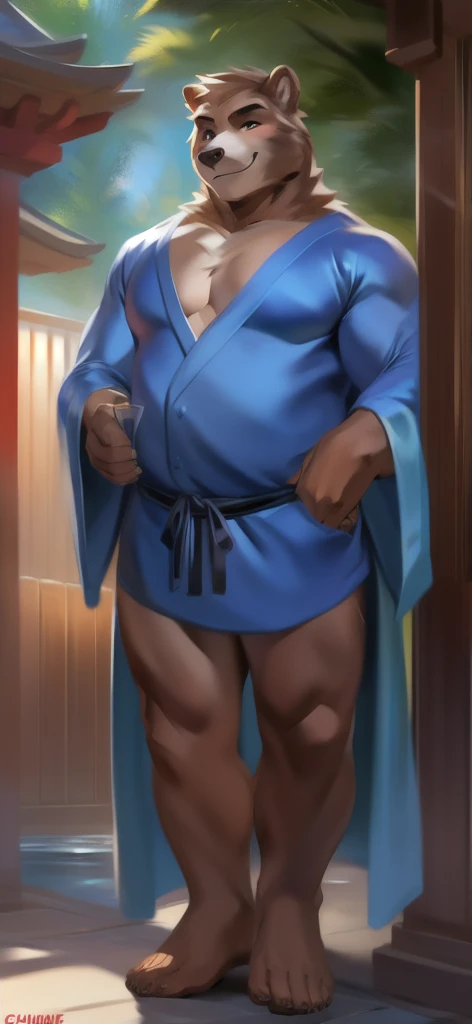 40 years old white Male, tall, giant body, handsome, dad bod, beefy, strong arms and legs, wide shoulders, a bit chubby muscle gut, a bit of fat but still very muscular, extremely hairy, (a lot of body hair), short beard, wearing an untie black bathrobe with long sleeves, wearing a black boxer brief, ((unrealistic oversized big bulge)), barefoot, smirking, modern minimalist living room