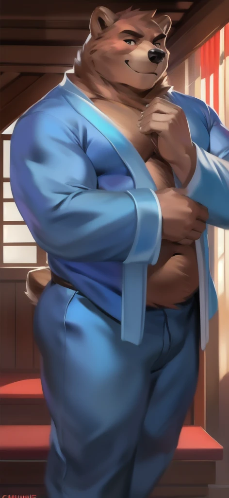 A beefy bearded Asian badboys man with a more bigger body size, big pregnancy belly, pumped chest, tribal art style tattoos, authoritative and protective expression, hugging from behind, worshiping and squeezing his chest, wearing a rapper outfit with pirate details, night neon seaport lights, low angle camera, add bandage around his body, holding a mic and singing, flexing muscles, fisheye camera
