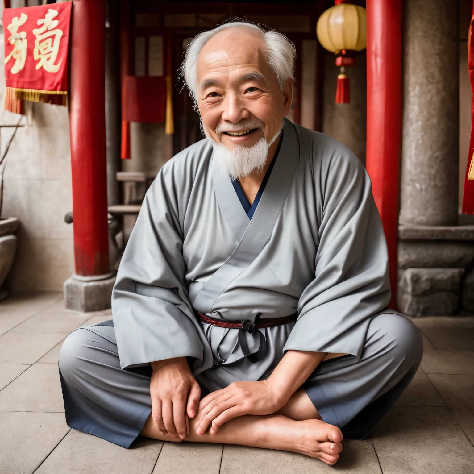 A gray-haired old man, Dressed in gray ancient Chinese clothing, Smiling, 80 years old,Middle of the lens,Little white beard,Ancient,
Indoors, Chinese Taoist Temple, Ancient chinese temple,sitting cross-legged,Ancient Chinese architecture,
Medium shot, Best quality,photographed,