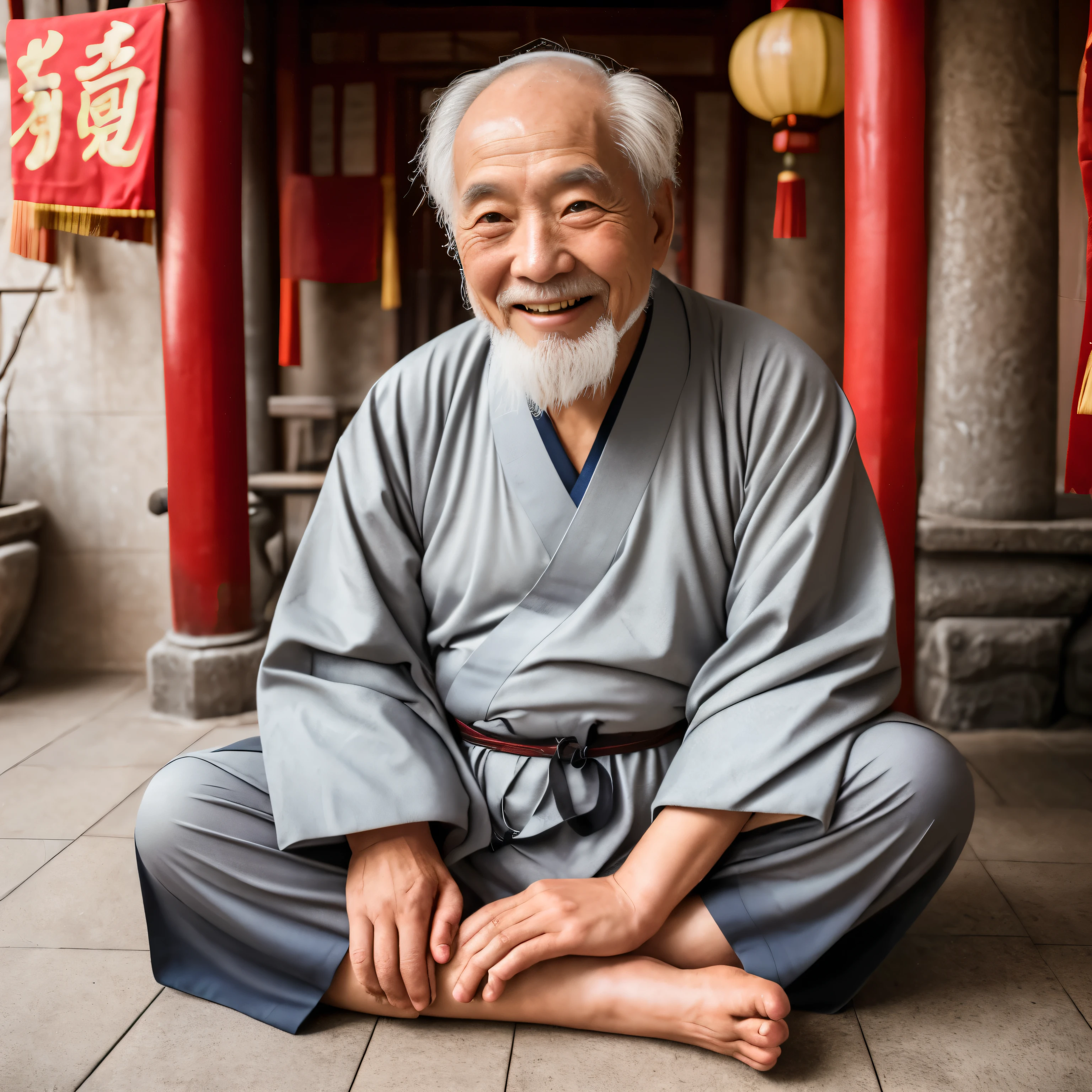 A gray-haired old man, Dressed in gray ancient Chinese clothing, Smiling, 80 years old,Middle of the lens,Little white beard,Ancient,
Indoors, Chinese Taoist Temple, Ancient chinese temple,sitting cross-legged,Ancient Chinese architecture,
Medium shot, Best quality,photographed,