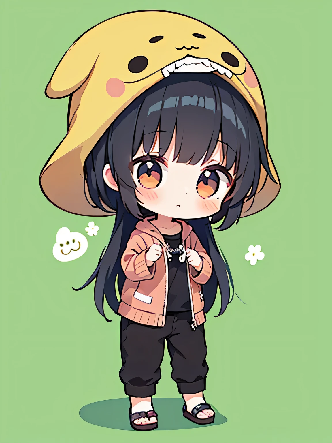 1girl,one piece,black hair,brown eye,long hair,chibi,standing,put hands on body,full body,green background