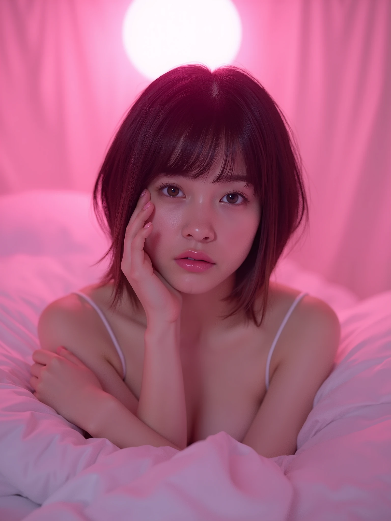 Hashimoto Kanna、((( smaller breasts)))、(( completely naked))、 short hair、 on the bed、 pale pink light above the bed