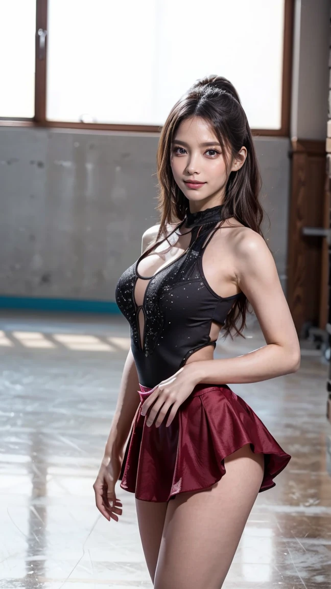 Sexy miniskirt dresses for figure skating,,ribbon, hair ornaments((masterpiece)), ((Highest quality)), (Very detailed),(Ultra-high resolution:1.0),(High saturation:1.0),50 years old,Mature Woman,Big Breasts,1 person,Beautiful and delicate skin,whole body,thin,Fair skin, big ，No underwear,Single hair bun,smile,Skating rink,Figure skater,drop down,