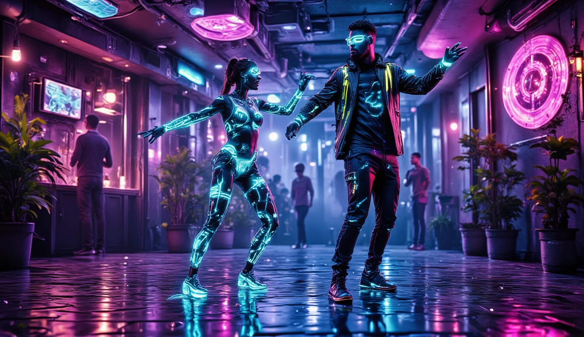 (best quality, 128k,highres,masterpiece:1.2),ultra-detailed,(realistic,photorealistic,photo-realistic:1.37), ((masterpiece)) ((photography)) ((Highest quality)) Ultra-realistic digital painting, a human couple performing an electrifying cyberpunk techno dance in a neon-lit futuristic nightclub. The woman, in a sleek, holographic bodysuit with glowing circuitry patterns, moves with hypnotic fluidity, her cybernetic implants pulsing with electric blue light. The man, dressed in a high-tech jacket with neon accents and augmented reality glasses, leads with sharp, dynamic movements, his energy crackling through the air. The dance floor vibrates with electric currents, holographic projections swirling around them, while bass-driven beats send shockwaves of neon energy through the crowd in this high-tech, adrenaline-fueled atmosphere.
