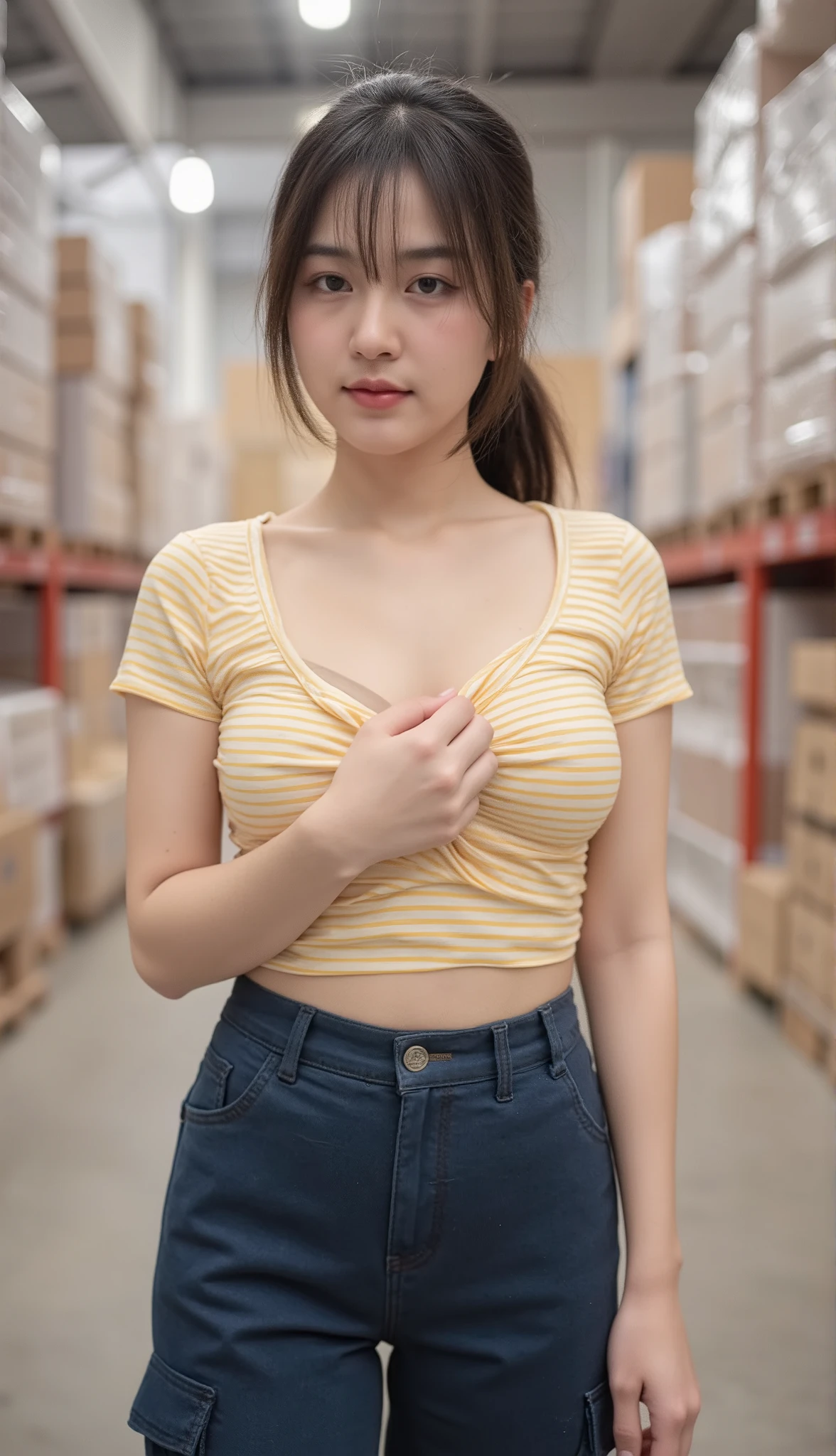 young Asian woman, short low ponytail, She pulls the edge of short sleeve underboobs crop tight striped shirt with alternating light yellow and dark yellow colors up with hand and see beige bra inside, navy cargo pants, in Ikea warehouse, Photorealistic style, ultra-detailed textures