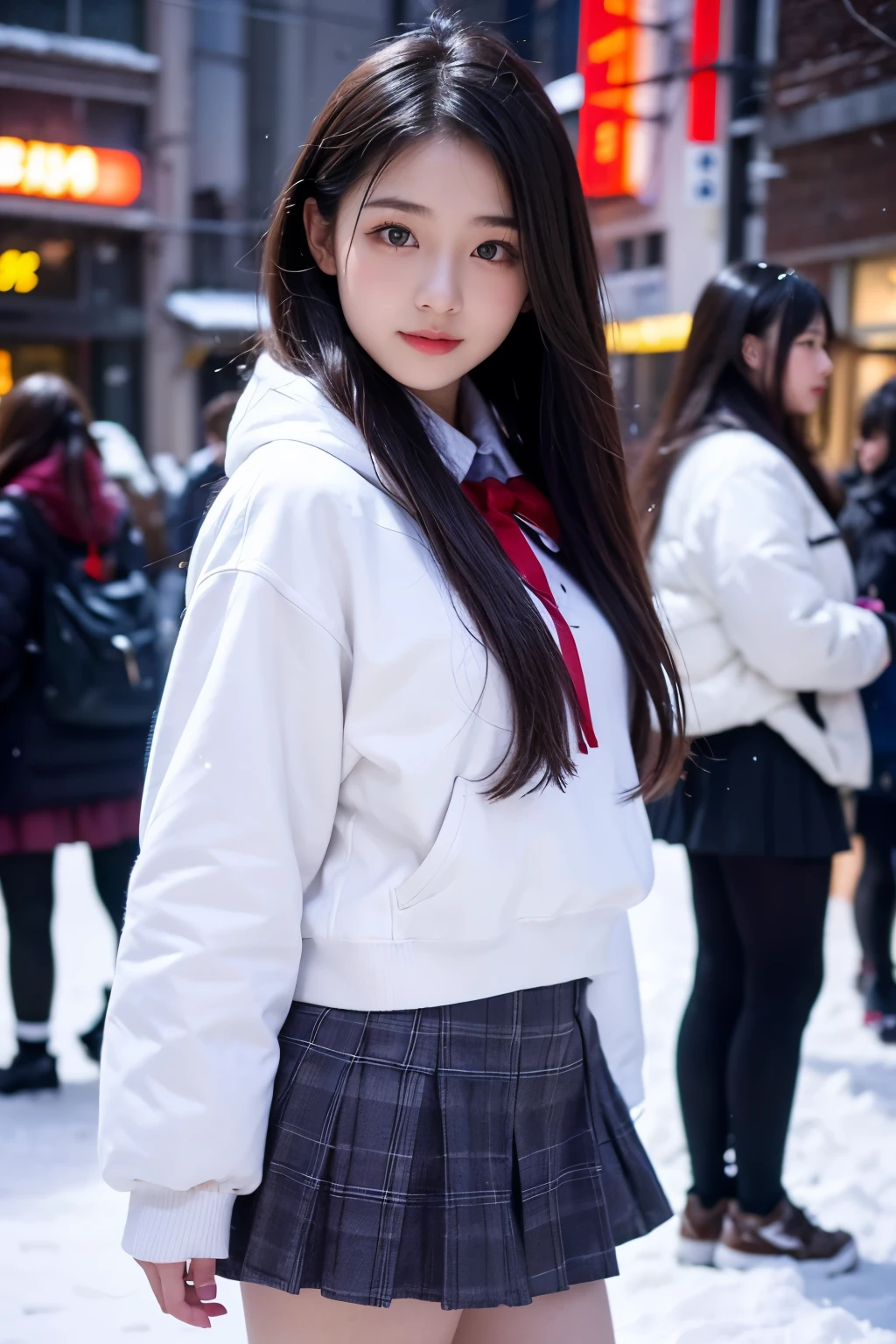 Two girl (20 years old, Japanese pretty face)  is wearing high school uniform with mini skirt at snowy city.