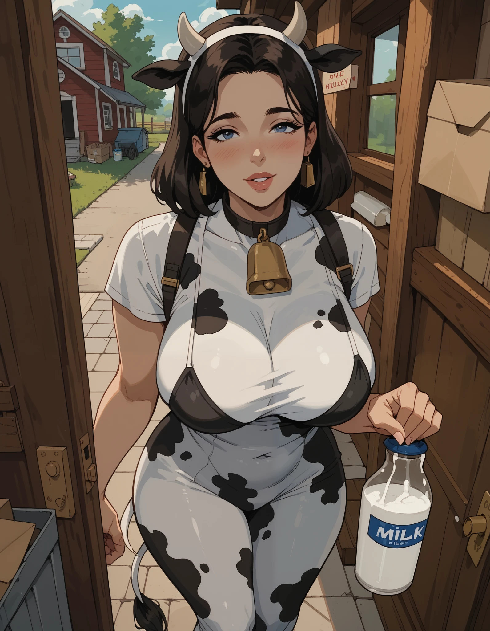 score_9, score_8_up, score_7_up, score_6_up, score_5_up, score_4_up, (masterpiece), 1girl, alone, Sexy woman, big torpedo breasts, (masterpiece), Milk delivery, delivering milk to viewer, porch, house entrance, mature, large breasts, in a cow print body suit, cow bell, cow tail, cow bell, cow ears, milky breasts, LowKeyLights, delivery, POV, milk delivery, full body