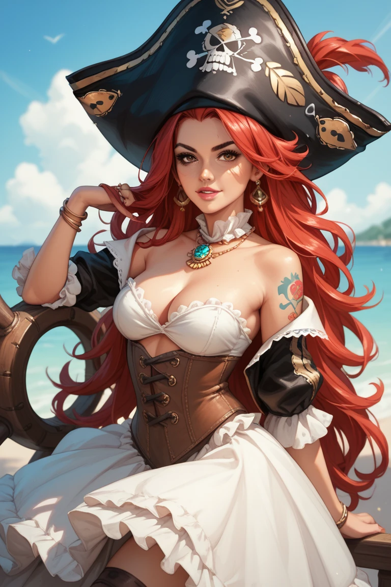 medium breasts, 1girl, scarlet hair, wavy hair, very long hair, black pirate hat, Hair covers one eye, slim and voluptuous, green eyes, mascara, thick lips, free cleavage, bare shoulders, miss fortune \(league of legends\), pirate hat, bra, detached sleeves, wide sleeves, off shoulder, cleavage, smiling, close up, looking at camera, bare midriff, naked shirt, shirt tug, kiss mouth, leggings