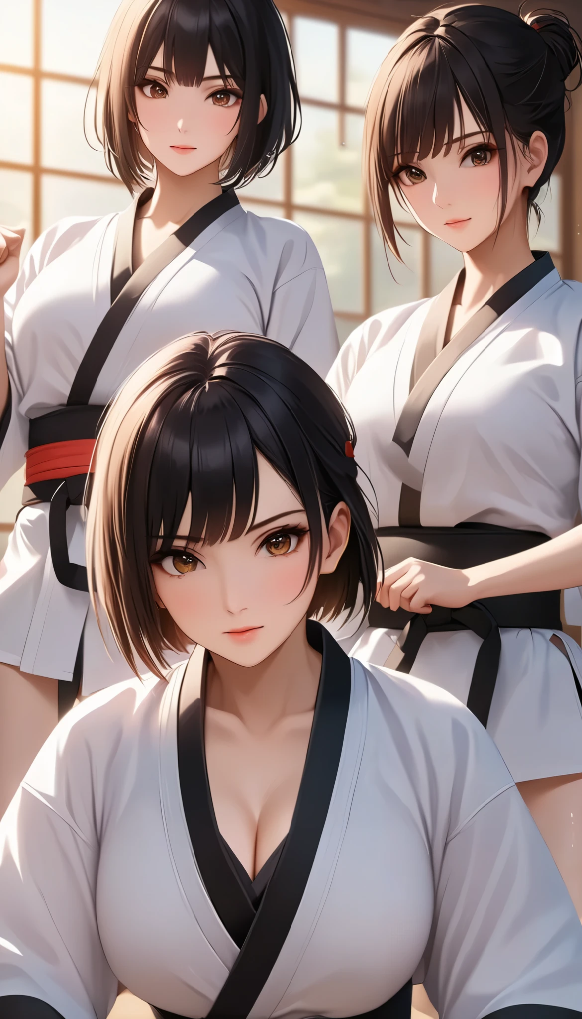 (( Big breasted girls))、((( Open Front Shirt))、(((Empty-handed)))、( black hair)、(blunt bangs)、( short hair)、( wet hair)、(Female Karate )、(( sweaty ))、( growing skin )、((Serious))、(( blanking))、(((Karate Dojo)))、((Graceful Paintings )),( Masterpiece Exquisite RAW Photos :1.25), ( top quality:1.6), ( super high resolution :1.5), ( by Mr. Nomi:1.75), 8k resolution Kindergarten s , Canon EOS R5 , 50mm, Abs urd, very detailed,Cinema Lighting、(:1.5)