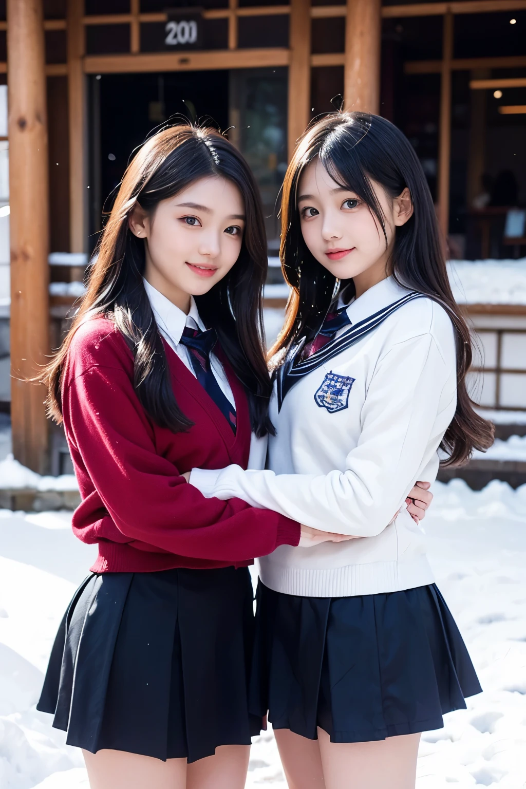 Two girl (20 years old, Japanese pretty face)  is wearing high school uniform with mini skirt at snowy city.