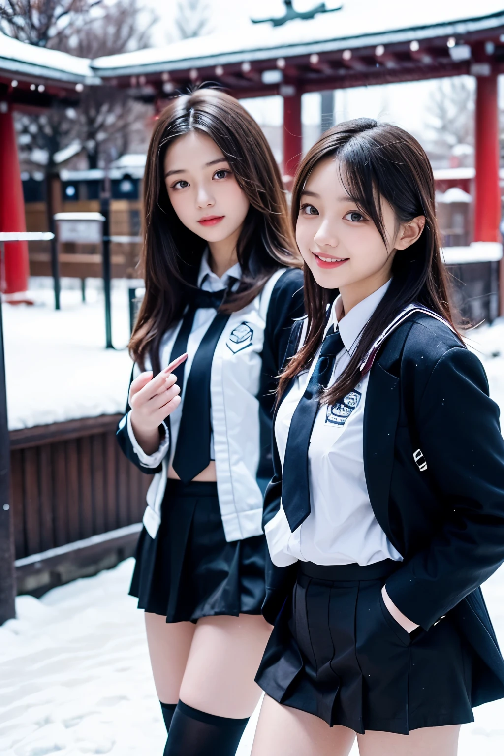 Two girl (20 years old, Japanese pretty face)  is wearing high school uniform with mini skirt at snowy city.